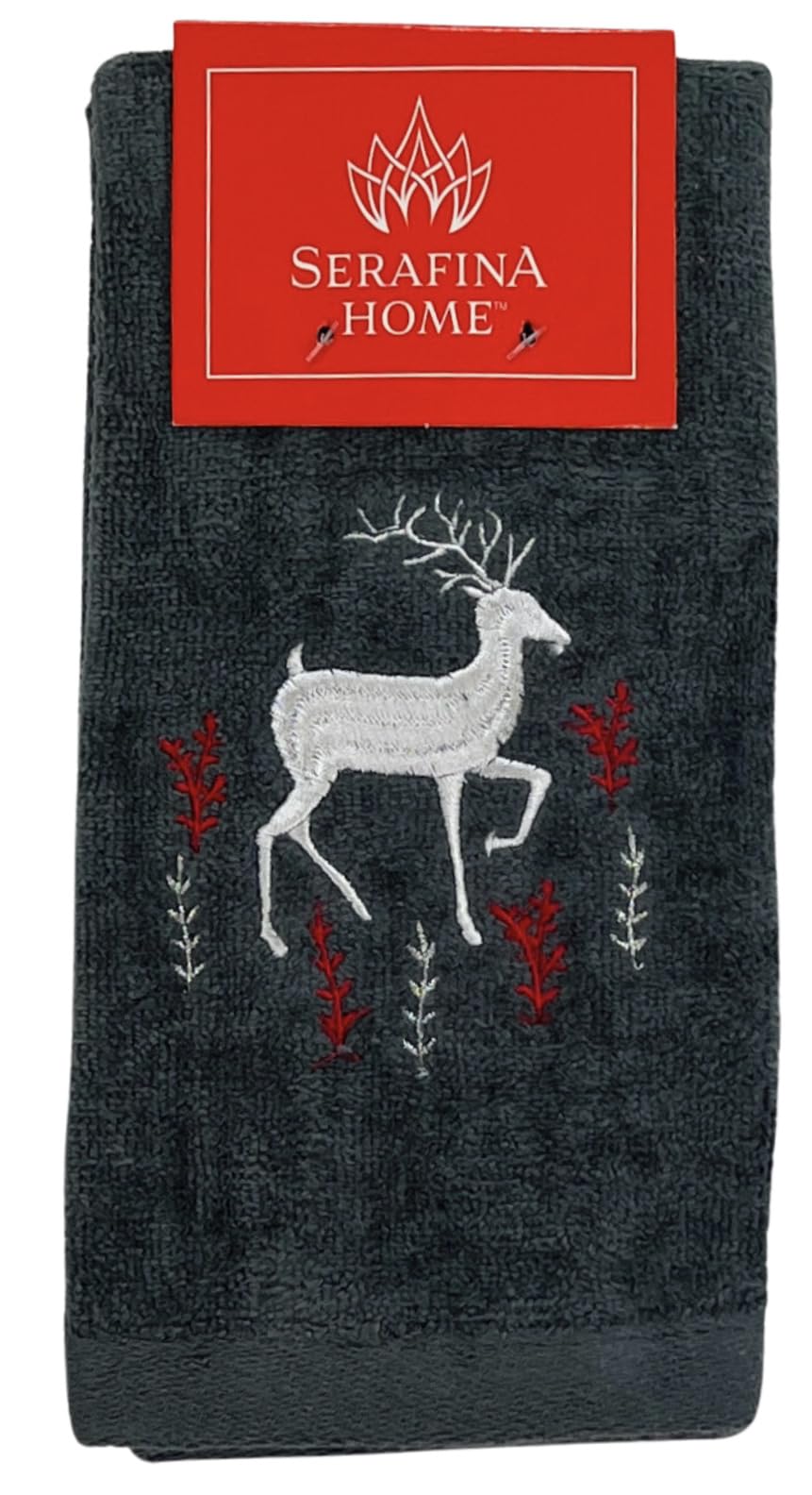 Holiday Christmas Cotton Towels: Noble Reindeer Buck Deer Design, Gray Silver Red White, Set Of 2