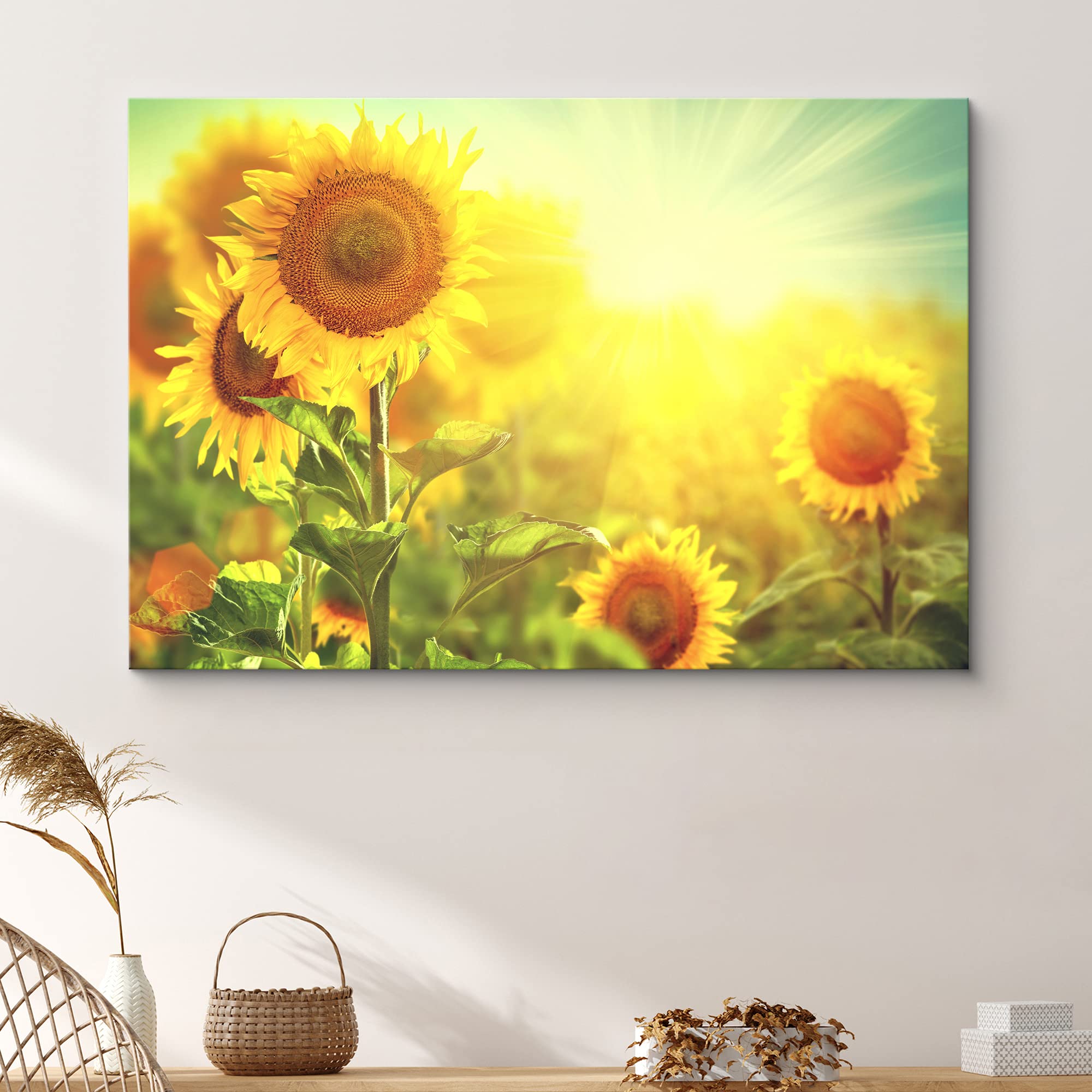 Signford Canvas Print Wall Art Sunflowers With Rays Of Light Floral Plants Photography Realism Contemporary Scenic Colorful Mult
