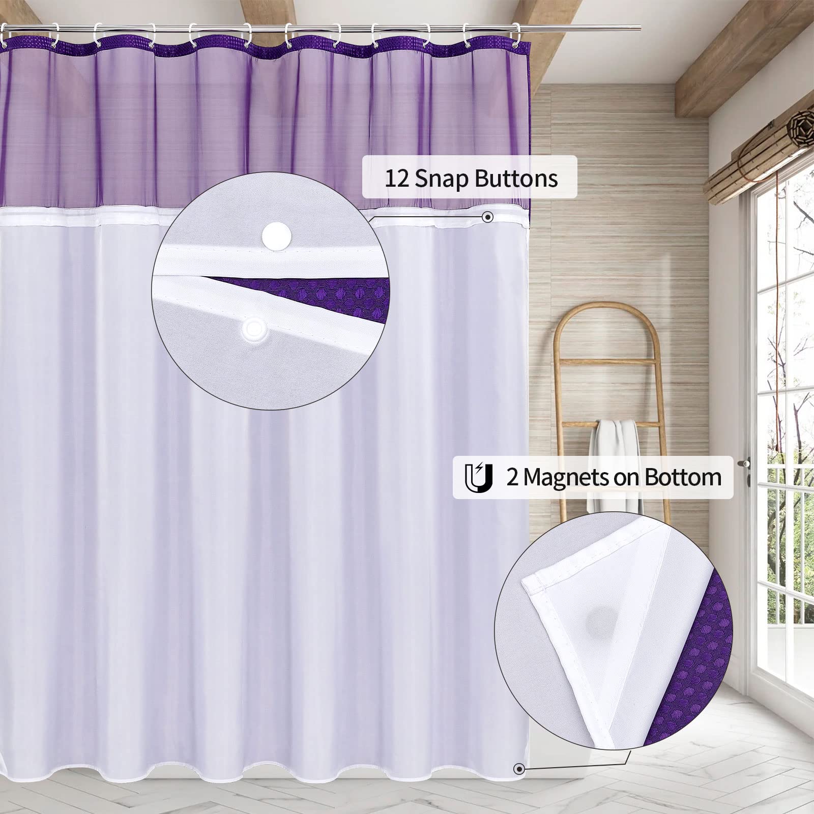 MitoVilla Purple Extra Long Shower Curtain 72 x 84  Modern 84 inch XL Waffle Fabric Shower Curtains with Snap-in Liner for Luxury Hotel Spa Bathroom Decor  Mesh Top Window Design  Lavender