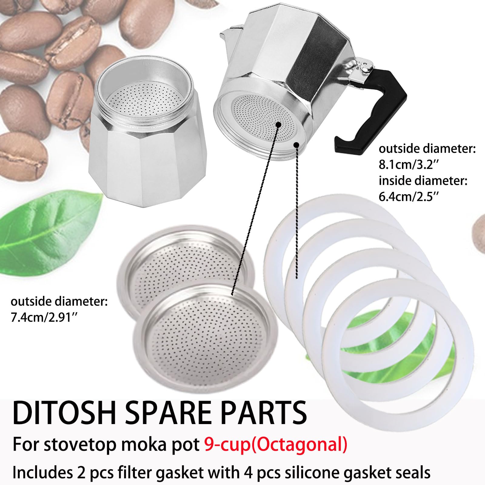 Ditosh 2 Pcs Filter With 4 Pcs Silicone Gasket Seals For 9 Cup Stovetop Espresso Coffee Maker Replacement Parts For Ditosh Alumi