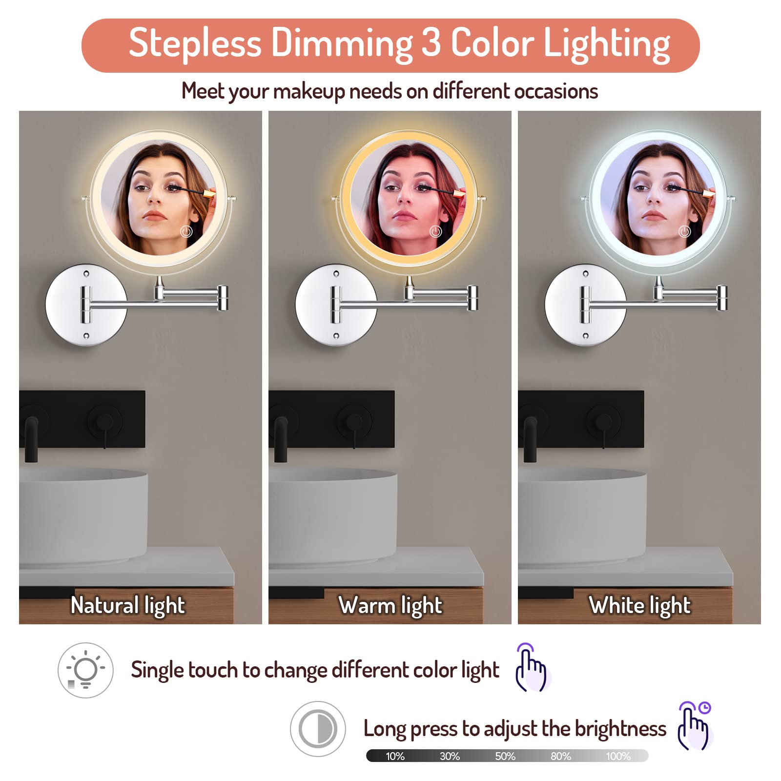 Rocollos Rechargeable Wall Mounted Lighted Makeup Mirror Chrome  8 Inch Double-Sided LED Vanity Mirror 1X/10X Magnification 3 Color Lights Touch Screen Dimmable 360Swivel 13 Inch Extendable