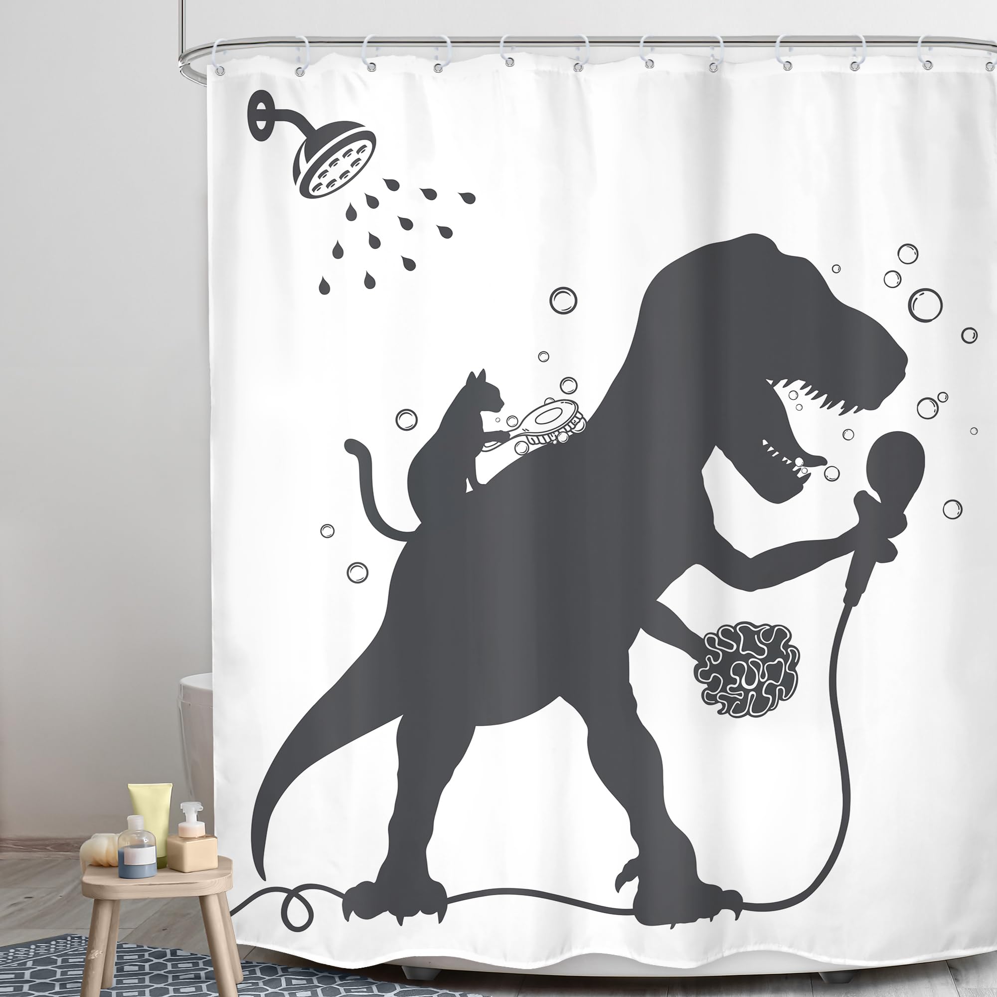 Lghtyro Kids Funny Dinosaur Shower Curtain Bathroom Set 60Wx71H Inches Boys Dino Cat Trex Raptor Animal Shadow Silhouette Bath C