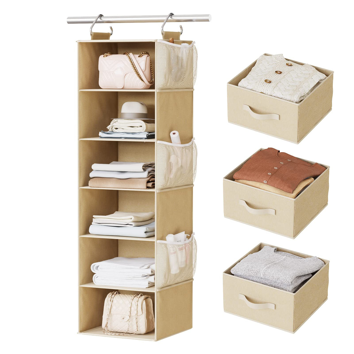 Pipishell Hanging Closet Organizer 6-Shelf, Hanging Shelves For Closet With 3 Removable Drawers & Side Pockets, Hanging Shelf Or