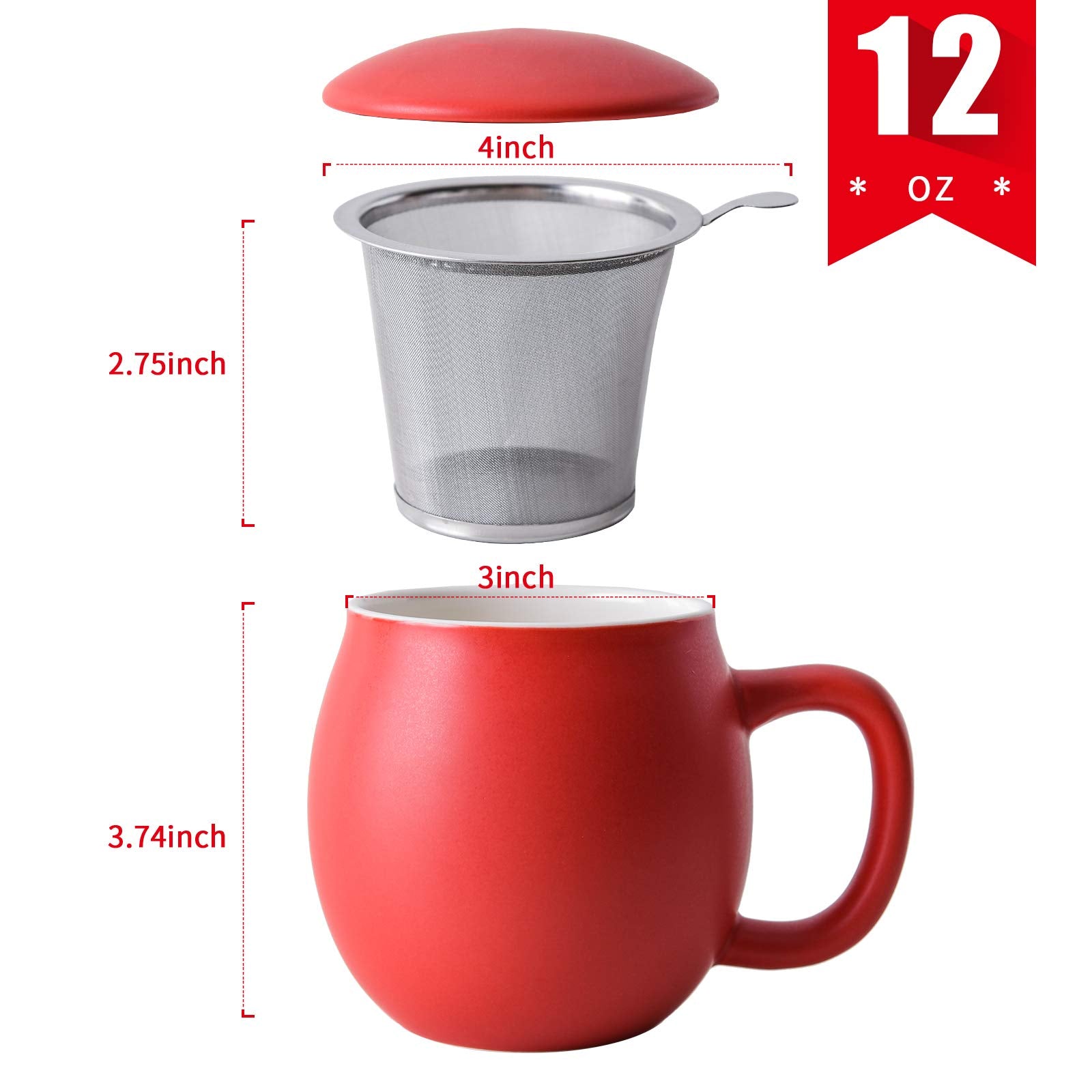 Yundu 12 Oz Matte Red Porcelain Teacup With Infuser And Lid, Mug With Lid For Steeping - Thankgiving Father Day Christmas Gift F