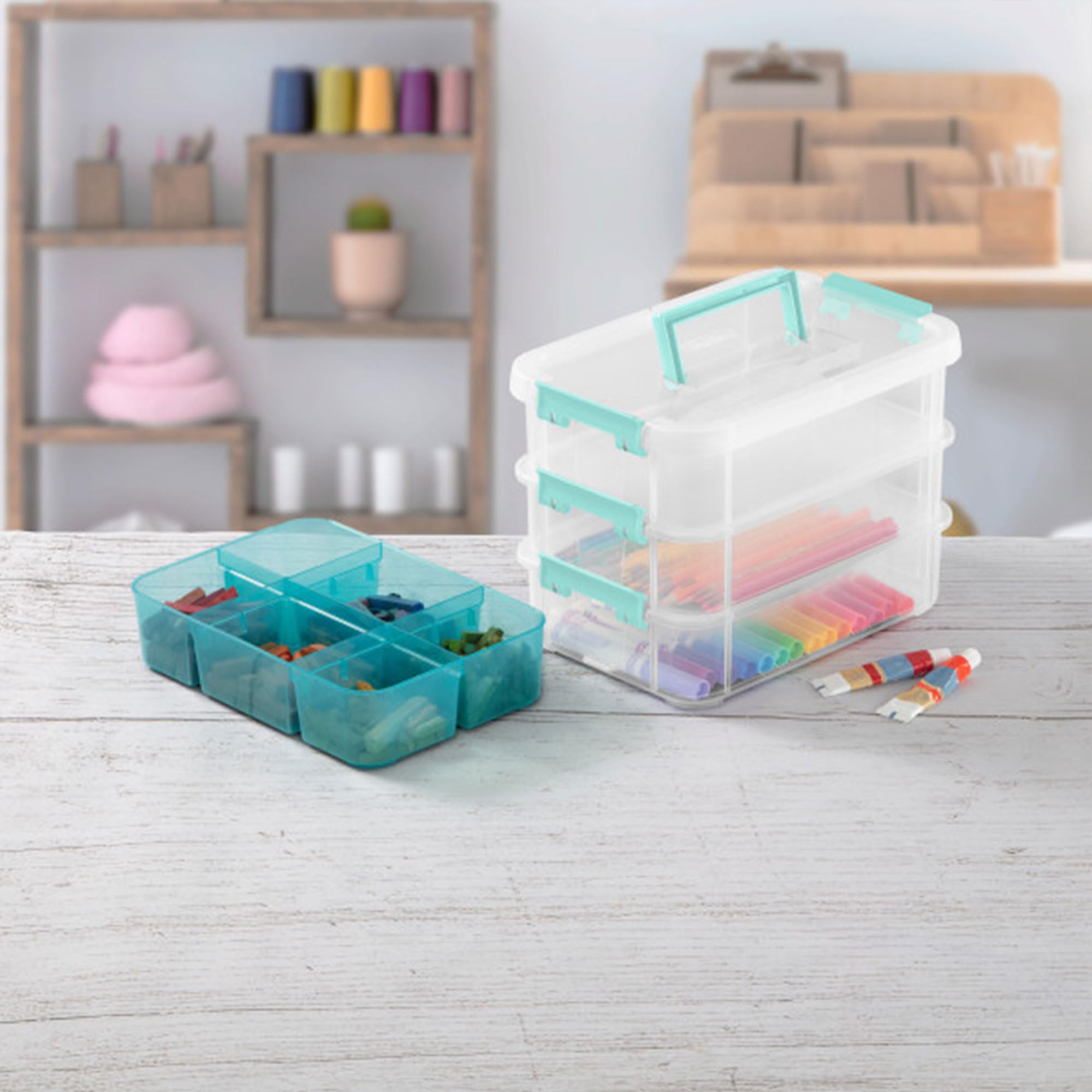 Sterilite 24 Pack Plastic Storage Box Container, 3 Layer, Stack And Carry, Clear/Blue