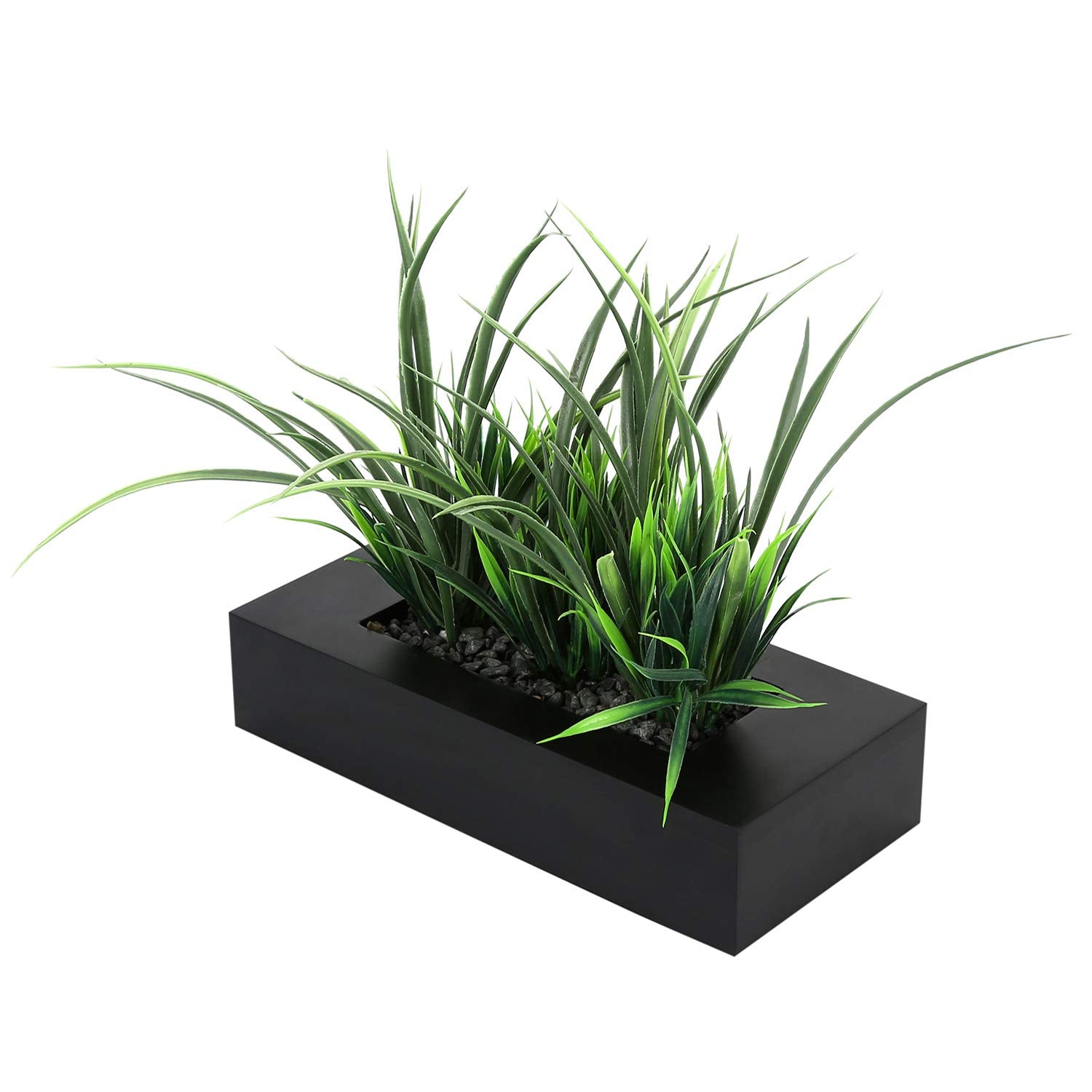 MyGift Artificial Green Grass Plants Potted in 9-inch Matte Black Wood Decorative Planter, Tabletop Faux Greenery in Wooden Rect