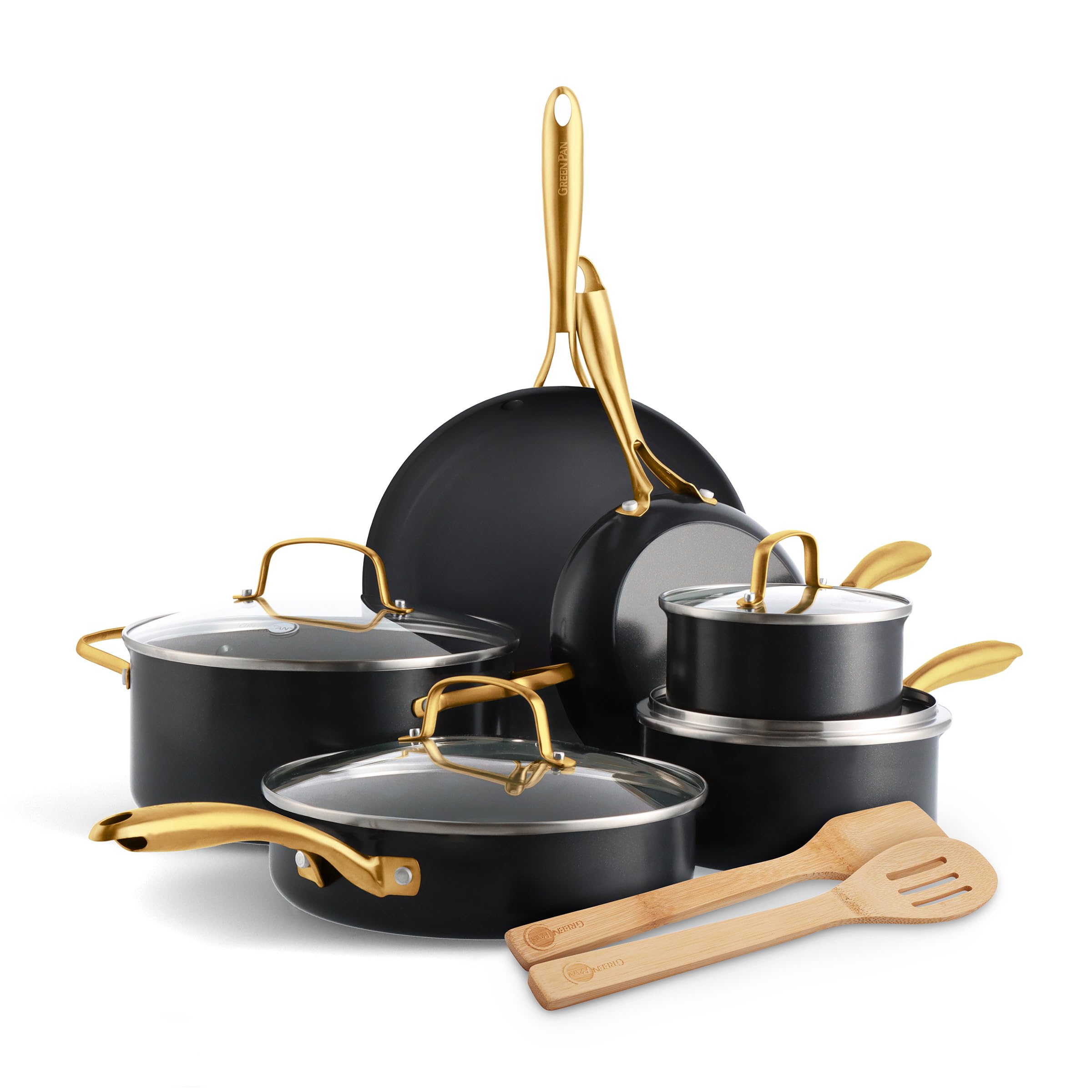 GreenPan Swift 12 Piece Cookware Pot and Pans Set, PFAS & PFOAFree Healthy Ceramic Nonstick, Gold Stainless Steel Handle, Versa