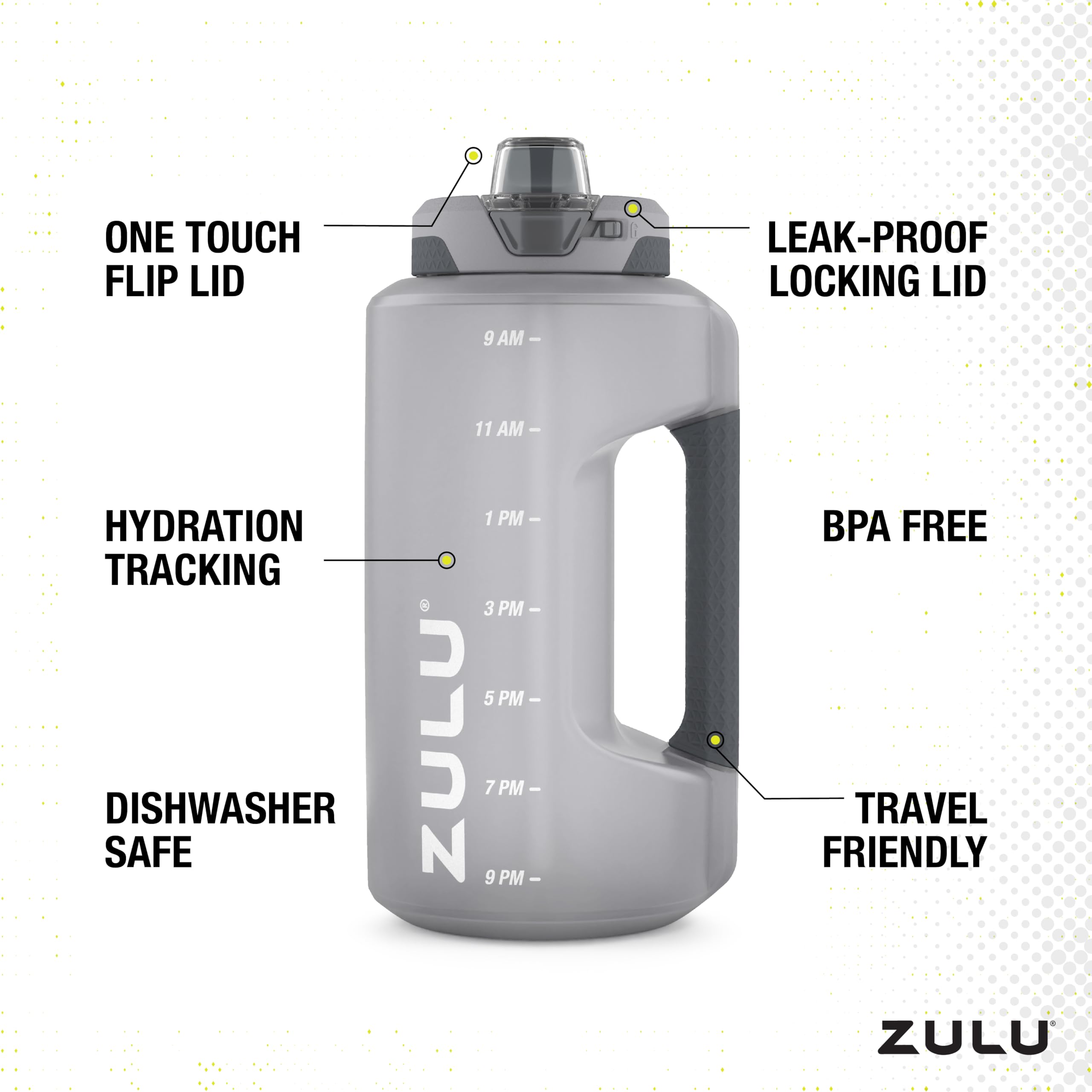 Zulu Goals 64Oz Large Half Gallon Jug Water Bottle With Motivational Time Marker, Covered Straw Spout And Carrying Handle, Perfe