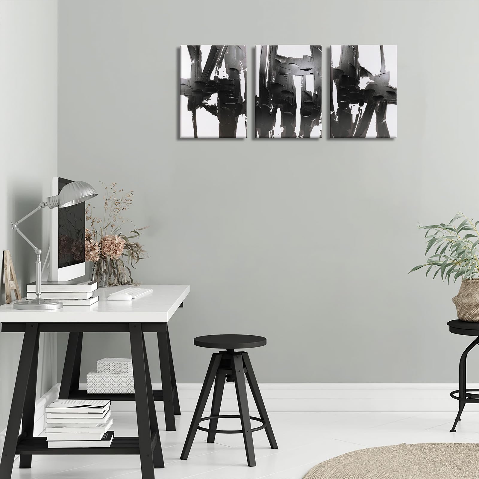 Pinetree Art 3 Panels Black And White Abstract Canvas Wall Art Prints 3D Textured Painting For Living Room (Small)