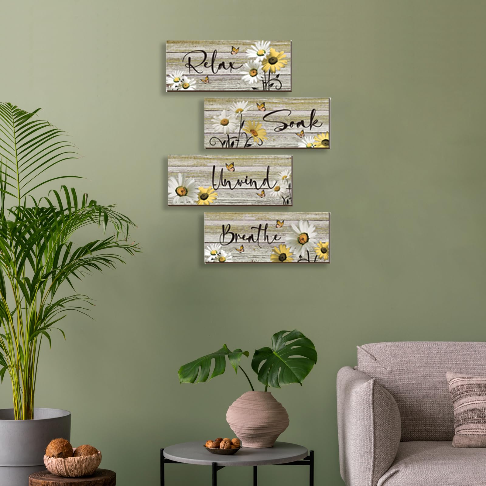 ZINYAZHE 4 Pcs Farmhouse Yellow Bathroom Wall Decor Yellow Daisy Floral Flowers and Butterfly Wall Art Relax Soak Unwind Breathe