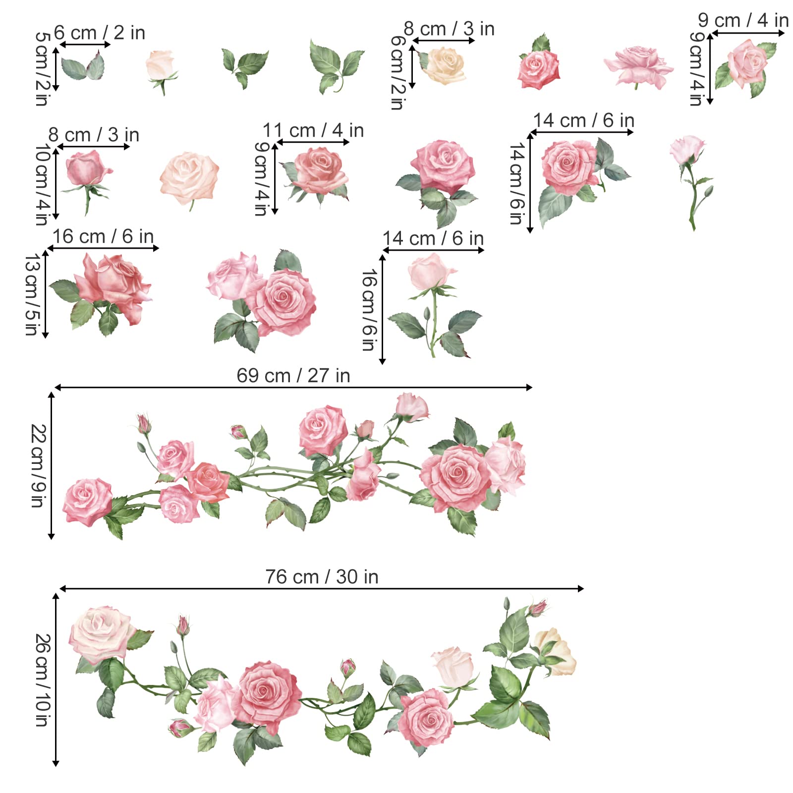 decalmile Pink Rose Flower Wall Decals Floral Vine Wall Stickers Living Room Bedroom Nursery Wall Decor Gifts for Her Mom