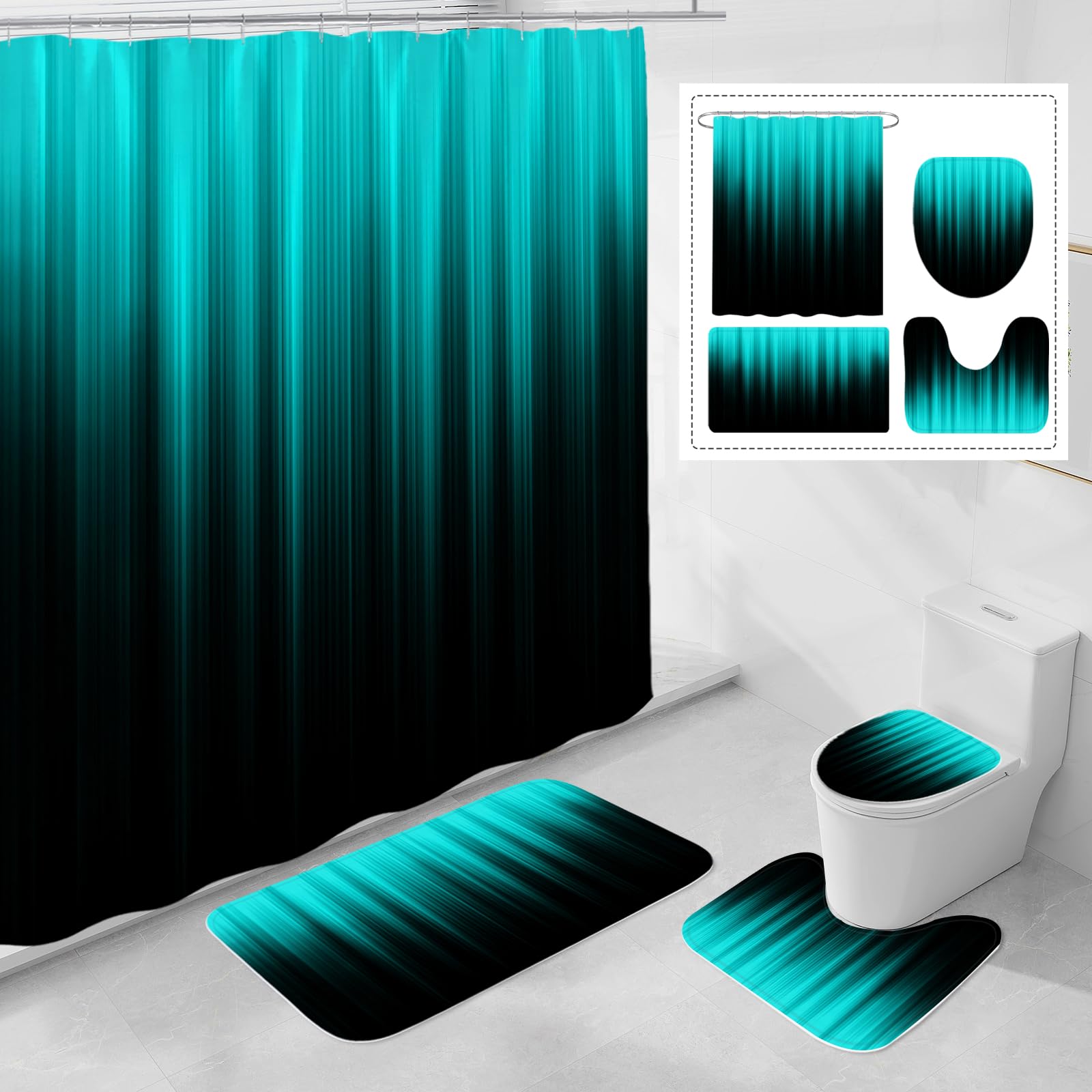 Litabel 4 Pcs Teal And Black Gradient Shower Curtain Set With Rugs And Toilet Lid Cover, Modern Simple Waterproof Fabric Bathroo