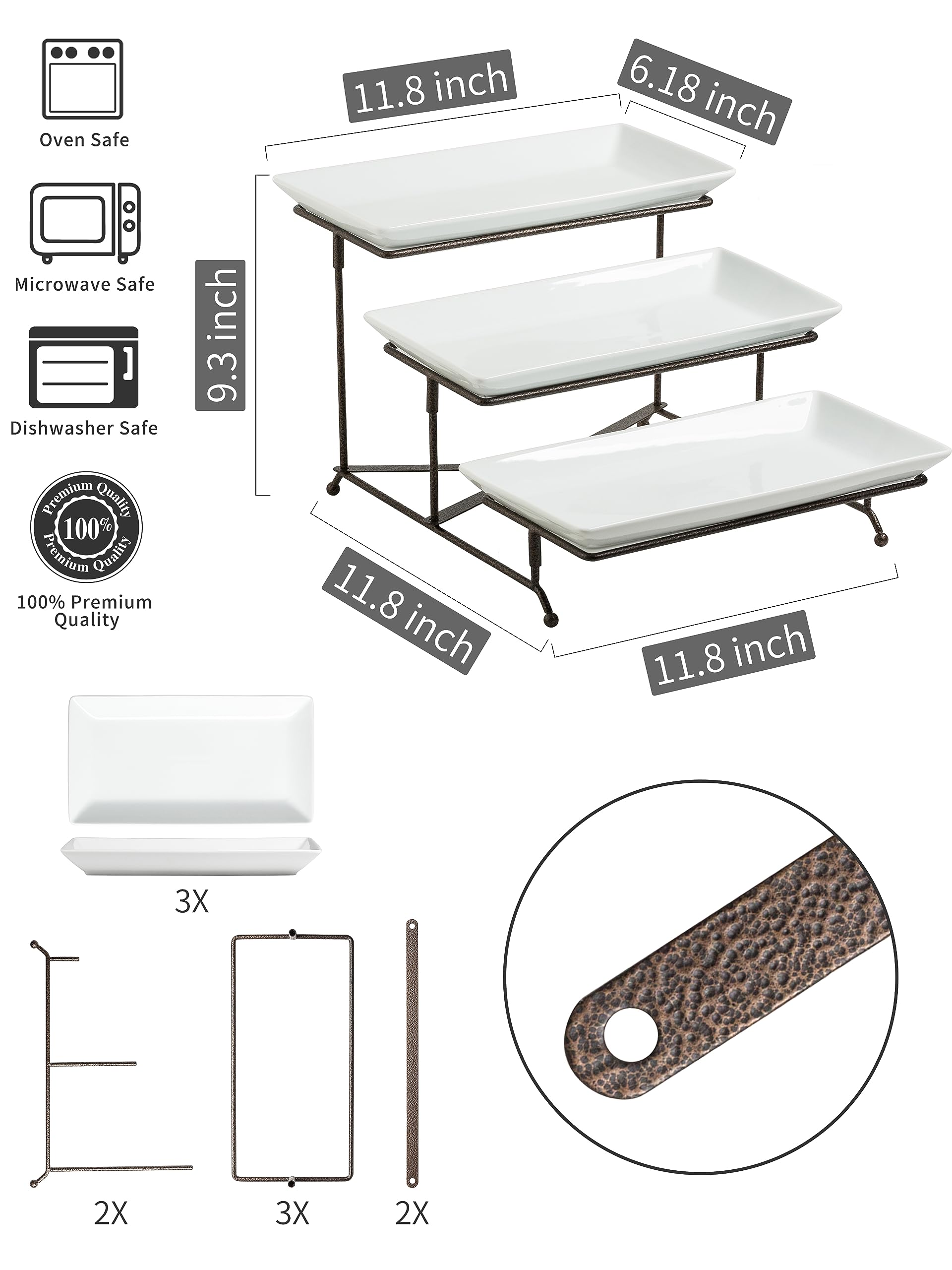 Lauchuh 3 Tier Serving Tray Porcelain Tiered Serving Stand Collapsible Sturdier Rack With 3 Serving Platters & 2 Cross Bars For