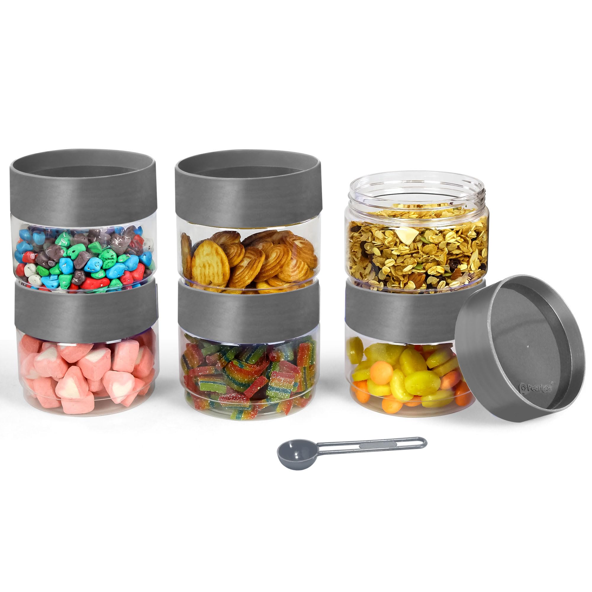 Pearlpet Modedge Plastic Jar Airtight Stackable Container For Kitchen Storage With Spoon, Set Of 6 Pieces, Grey, 500 Ml