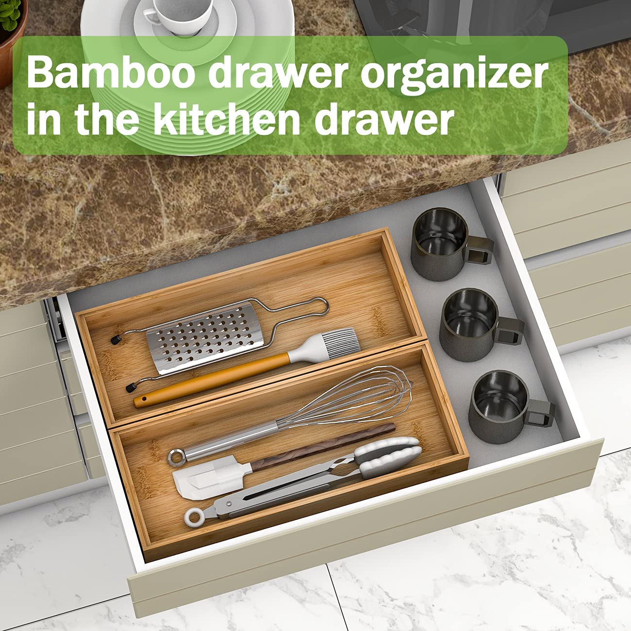 Utensil Organizer Silverware Drawer Organizer-Stackable Bamboo Flatware Caddy Cutlery Holder, Wooden Storage Boxes Tray for Bedr