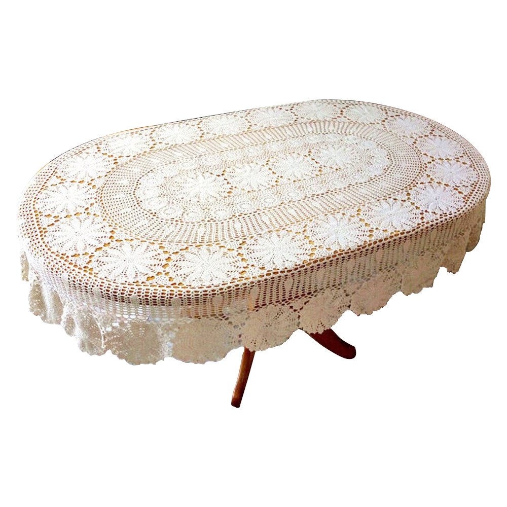 USTIDE Vintage Oval Crochet Tablecloth Beige Cotton Lace Table Cover Rustic Oval Table Overaly for Wedding/Party, 59x82.6