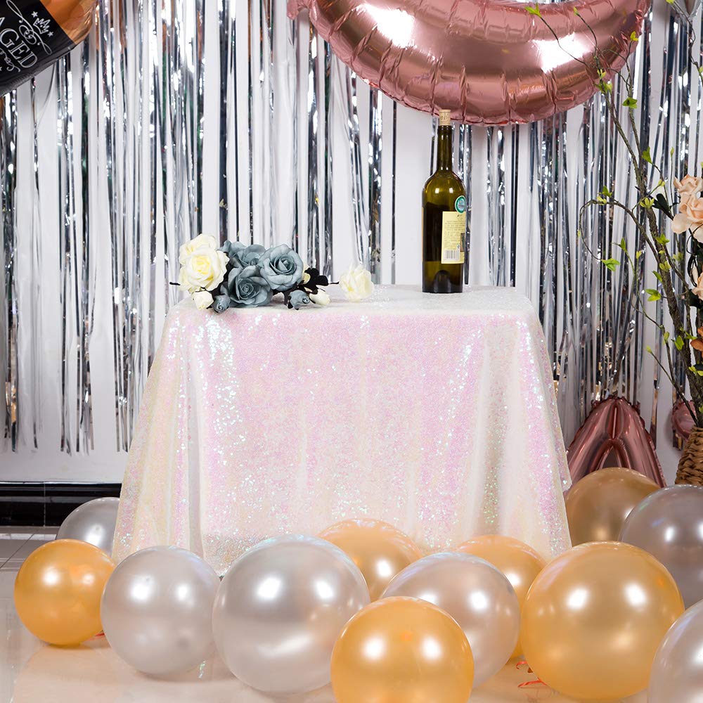 Jyflzq White Iridescent Sequin Tablecloth 50 X 50 Square Sparkly Drape Table Cloths Table Cover Overlay For Wedding Birthday Par