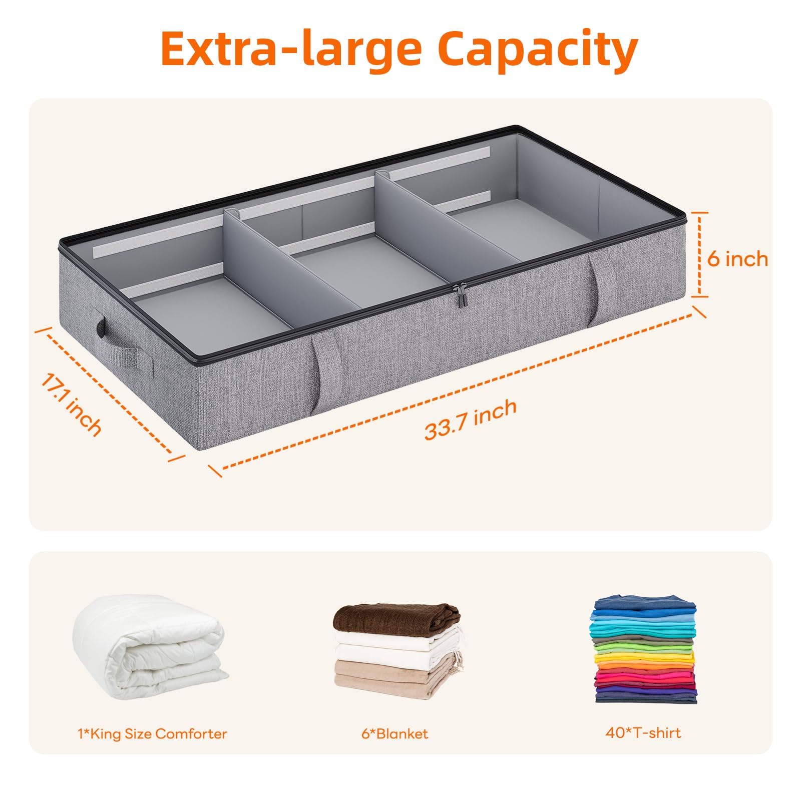 Vailando Under Bed Storage, 2 Pack Under Bed Storage Containers with Dividers, Firm Sides, Strong Zipper, 3 Handles, 6 Inches He