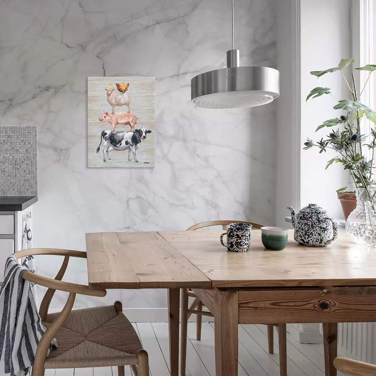 Yidepot Farmhouse Wall Decor Canvas Print: Farm Animals Cow Pig Sheep And Rooster Sit On Top Of Each Other Inspirational Posters