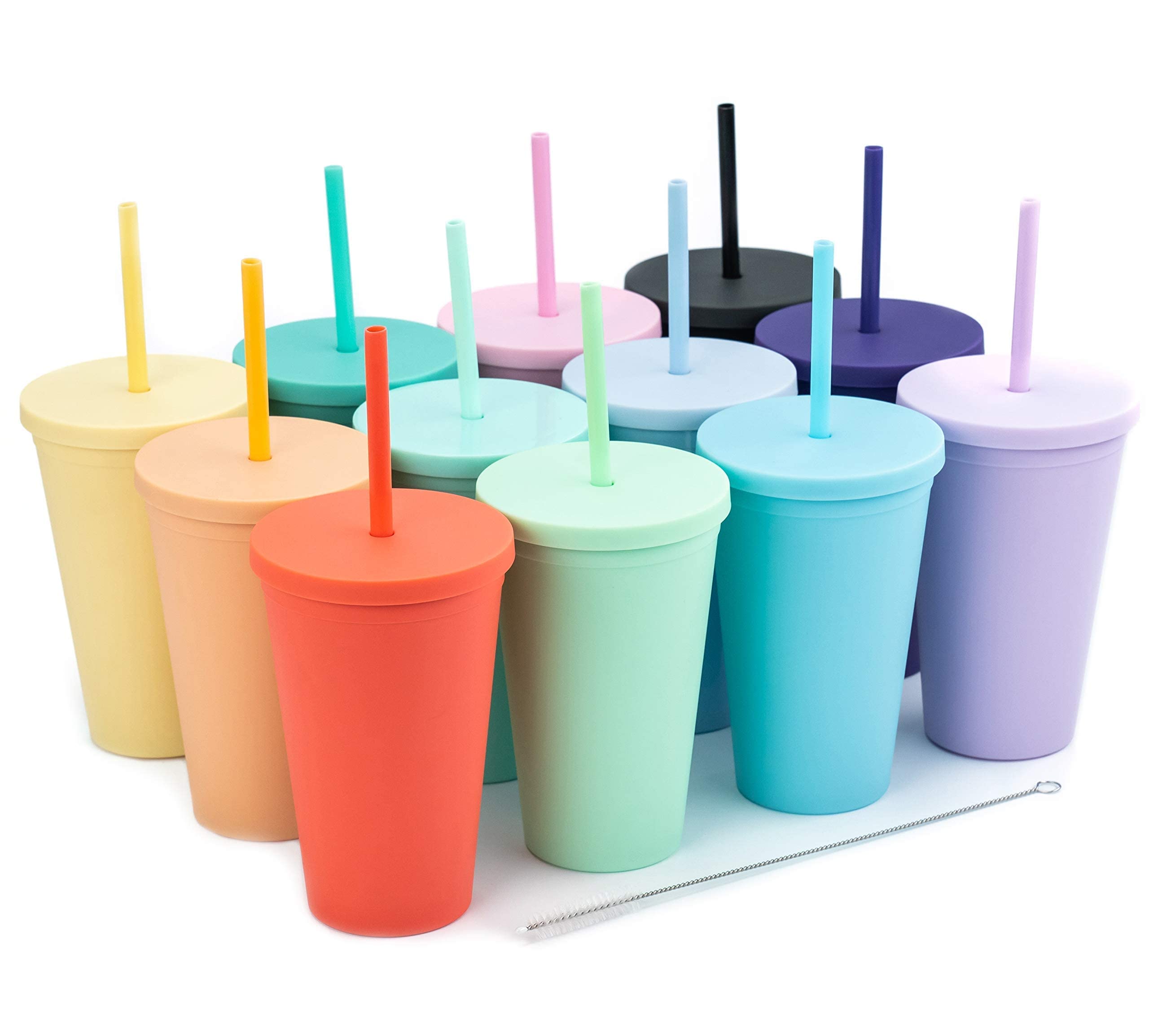 Tumblers with Lids (12 pack) 16oz Colored Acrylic Cups with Lids and Straws | Double Wall Matte Plastic Bulk Tumblers With FREE 
