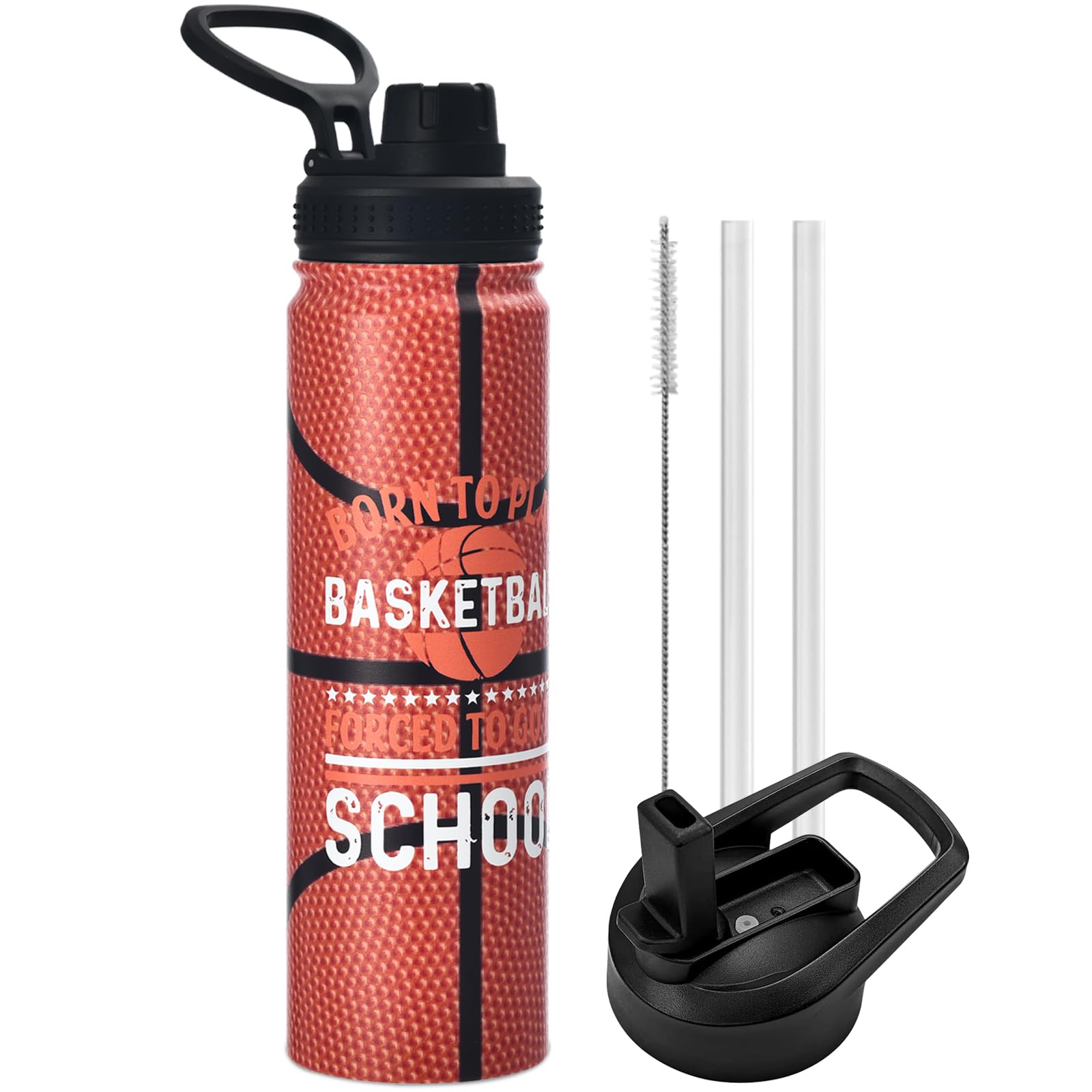 Basketball Water Bottle, 24 oz Insulated Stainless Steel Sports Bottle with Straw, Basketball Stuff Gifts for Boys