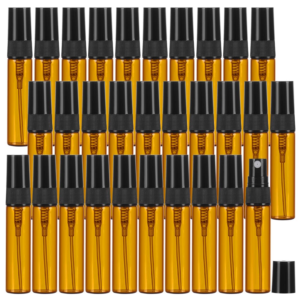 BENECREAT 30pcs 5ml/0.17 oz Mini Amber Glass Spray Bottle, Refillable Fine Mist Sample Bottle Small Travel Spray Bottle for Perf
