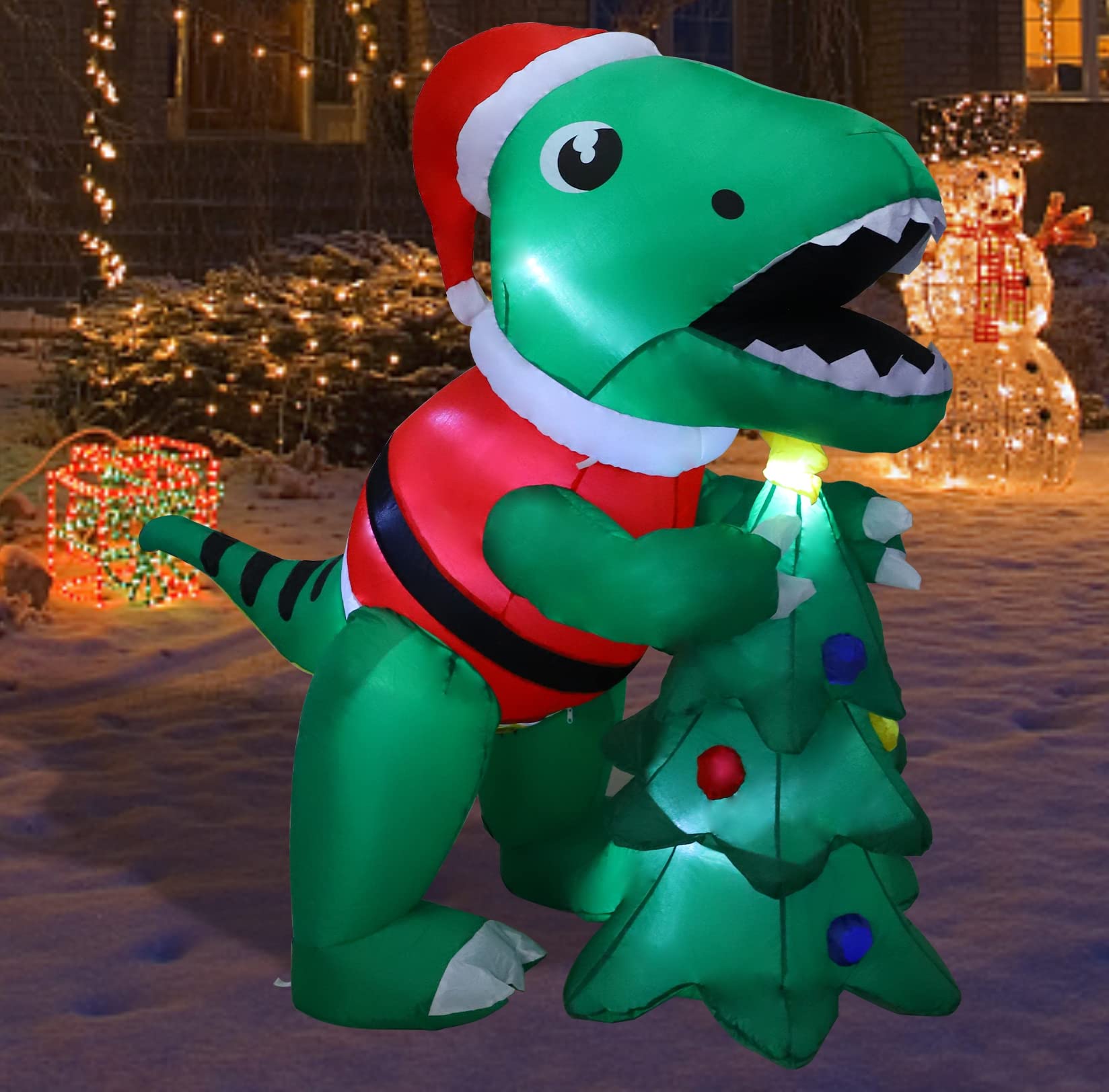 MorTime 5 FT Christmas Inflatable Dinosaur with Gift Box, Blow up Yard Prop Lighted Animated Green Dinosaur Wearing Christmas Ha