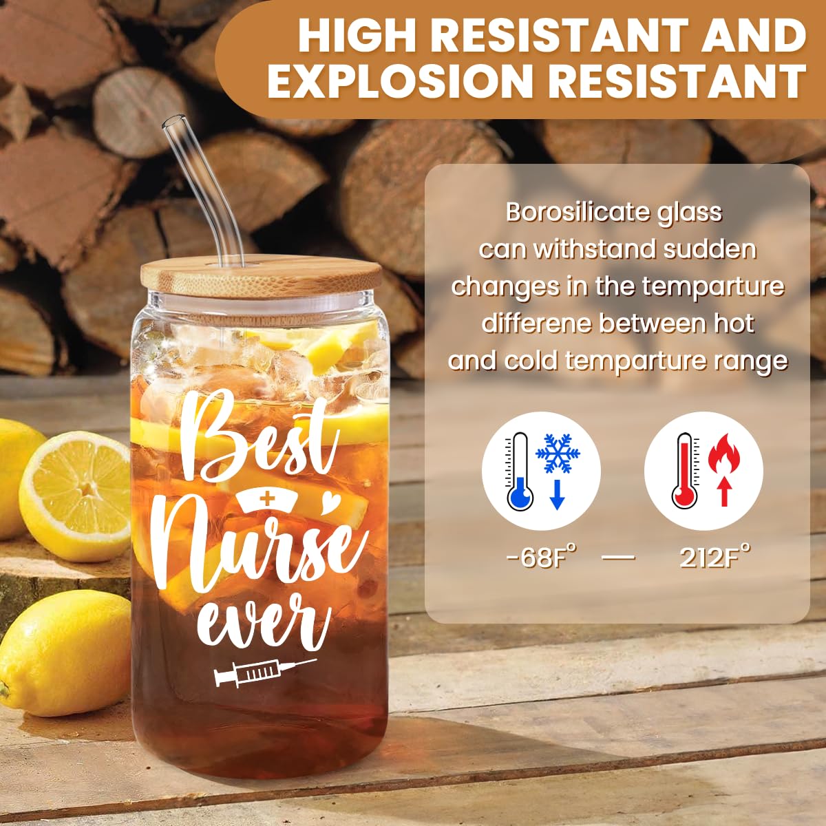SANDJEST Nurse Cup 16 Oz Glass Can with Bamboo Lid and Straw - Nurse Gifts for Women - Appreciation Nursing Gifts for Female on