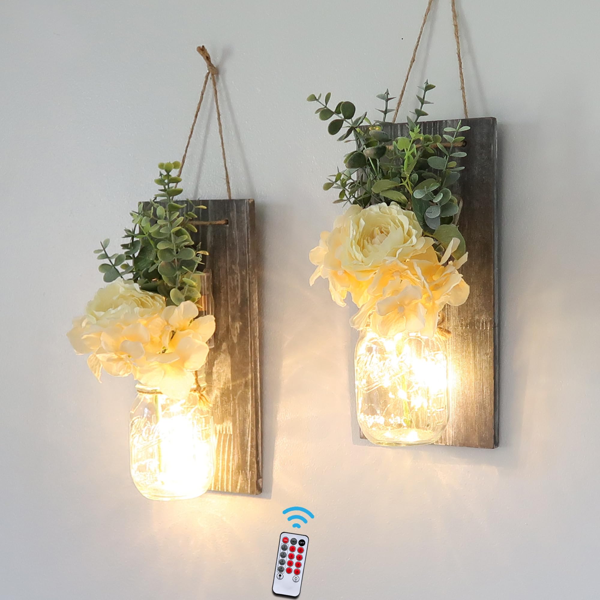Besuerte Mason Jar Wall Sconces With Remote Farmhouse Wood Wall Art Decor For Home Living Room Bedroom Decorations With Rose Bou