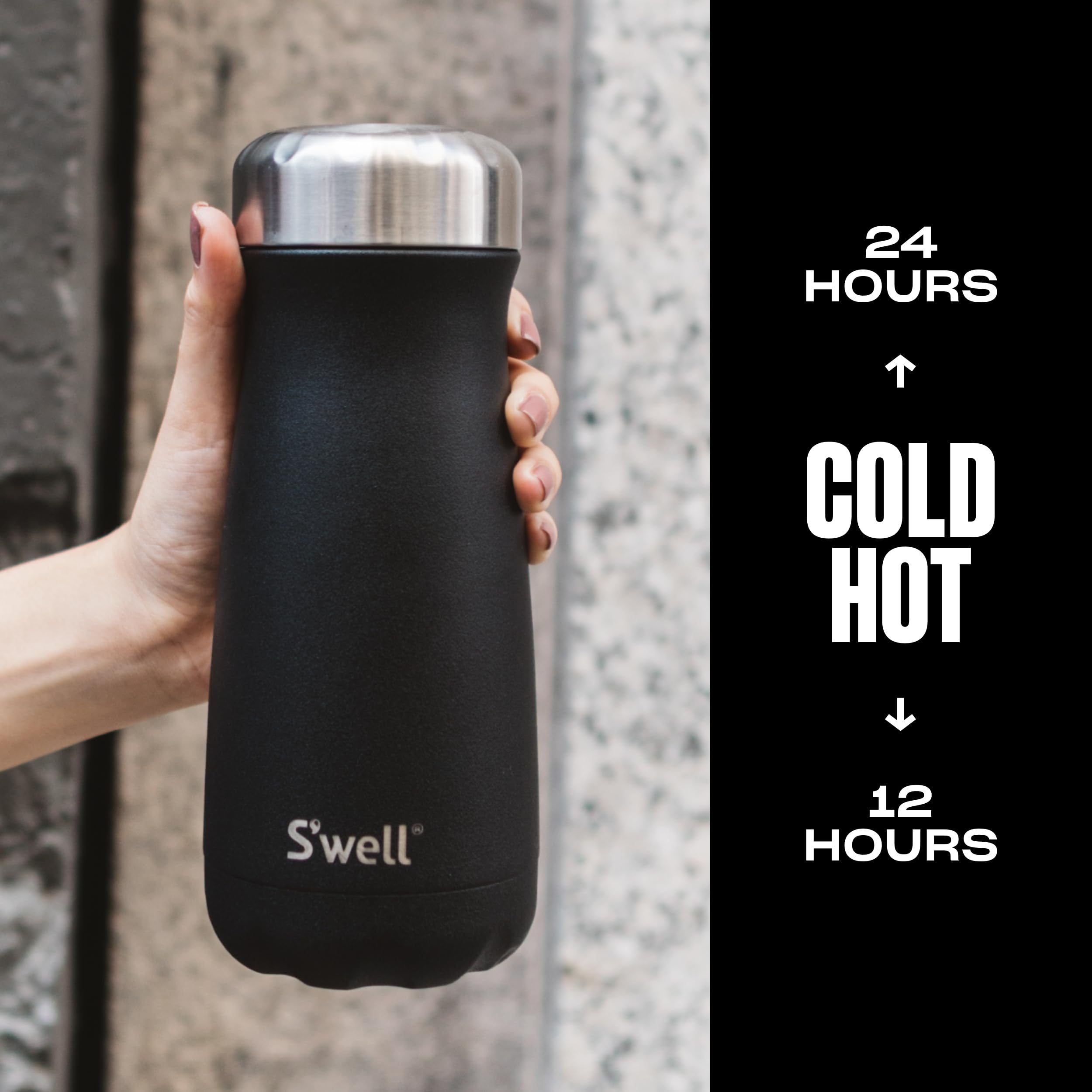 S'Well Stainless Steel Traveler, 16Oz, Onyx, Triple Layered Vacuum Insulated Containers Keeps Drinks Cold For 24 Hours And Hot F