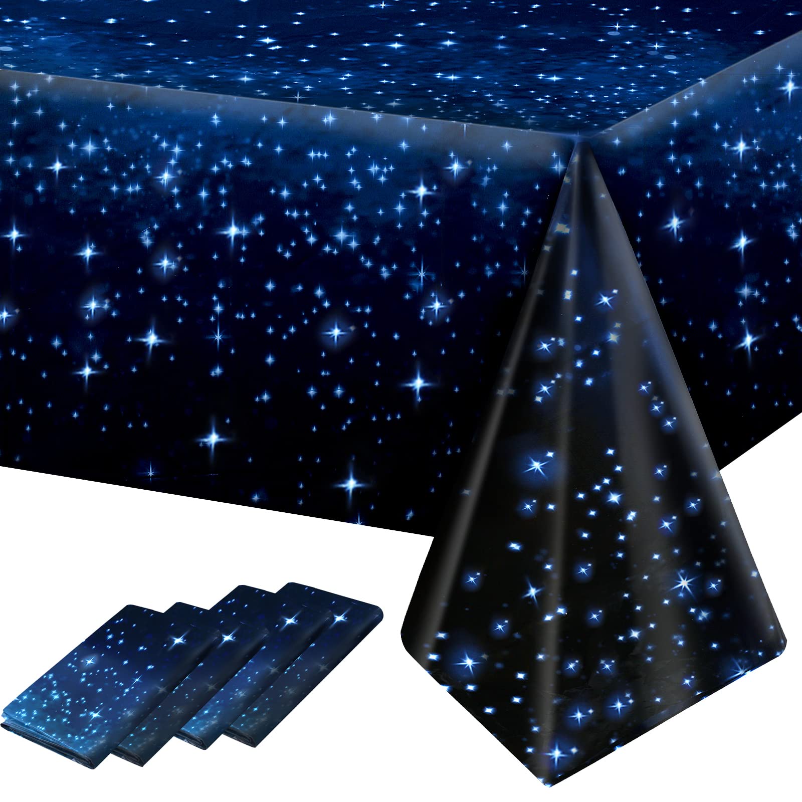 Joyberg 4-Pack Space Tablescapes: Plastic Galaxy Table Cloth with All-Over Printed Starry Sky - Waterproof, Oil Proof - Party Bl