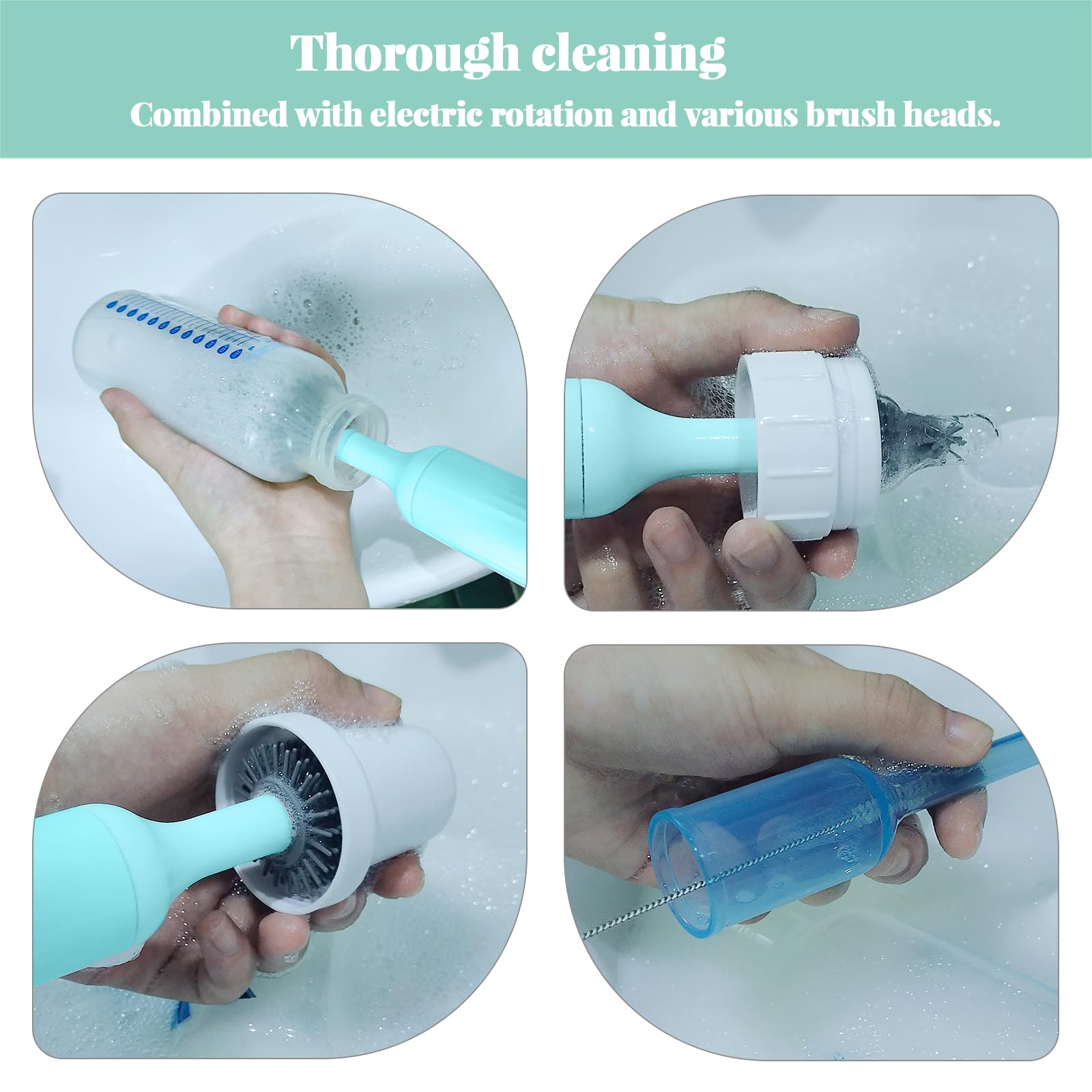 Augensterm Electric Cleaning Brush with USB Rechargeable Electric Bottle Brush Cleaner and 3 Replaceable Silicone Bottle Brushes