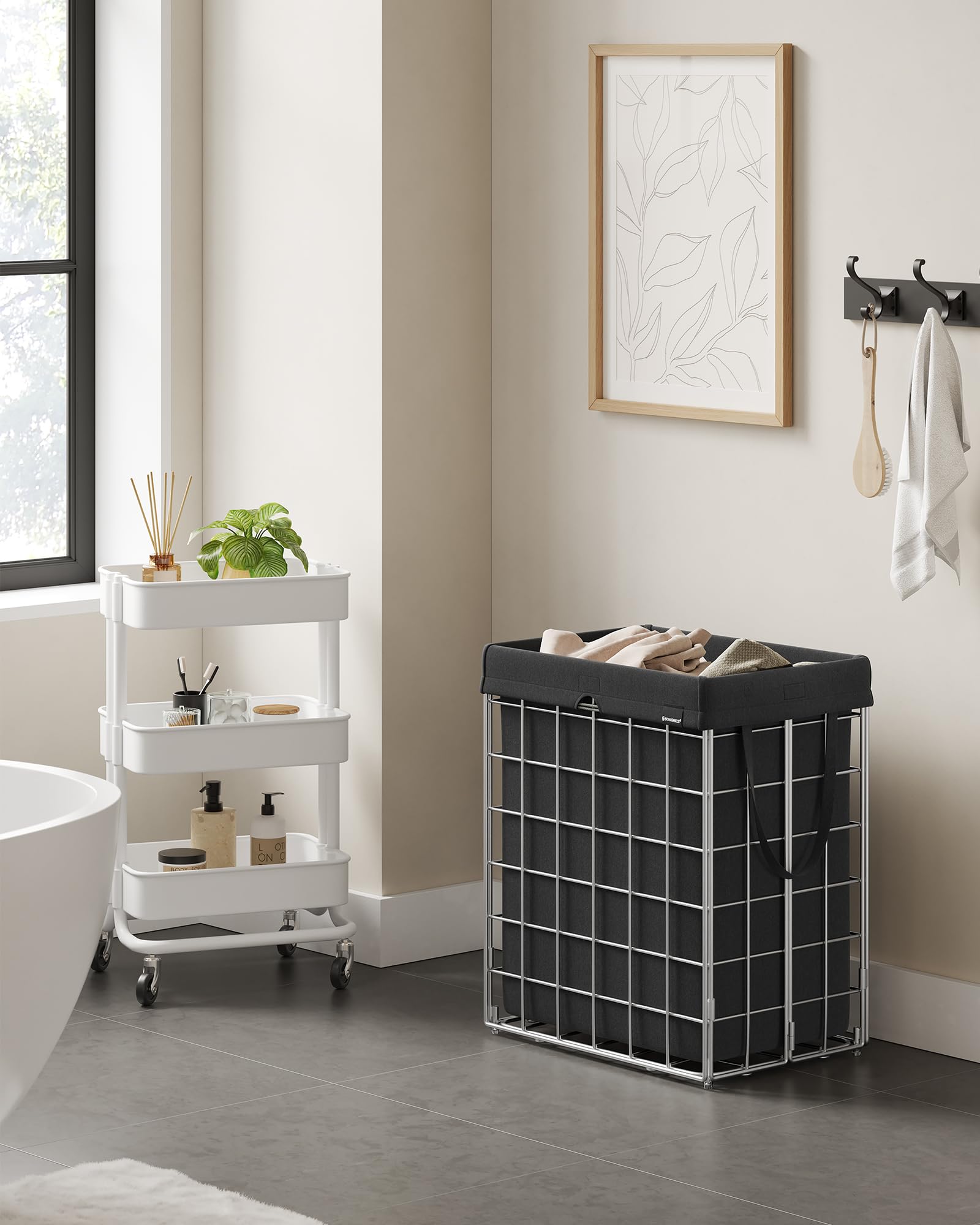 Songmics Laundry Hamper, 23.8 Gal. (90L) Laundry Basket, Collapsible Clothes Hamper, Removable And Washable Liner, Metal Wire Fr