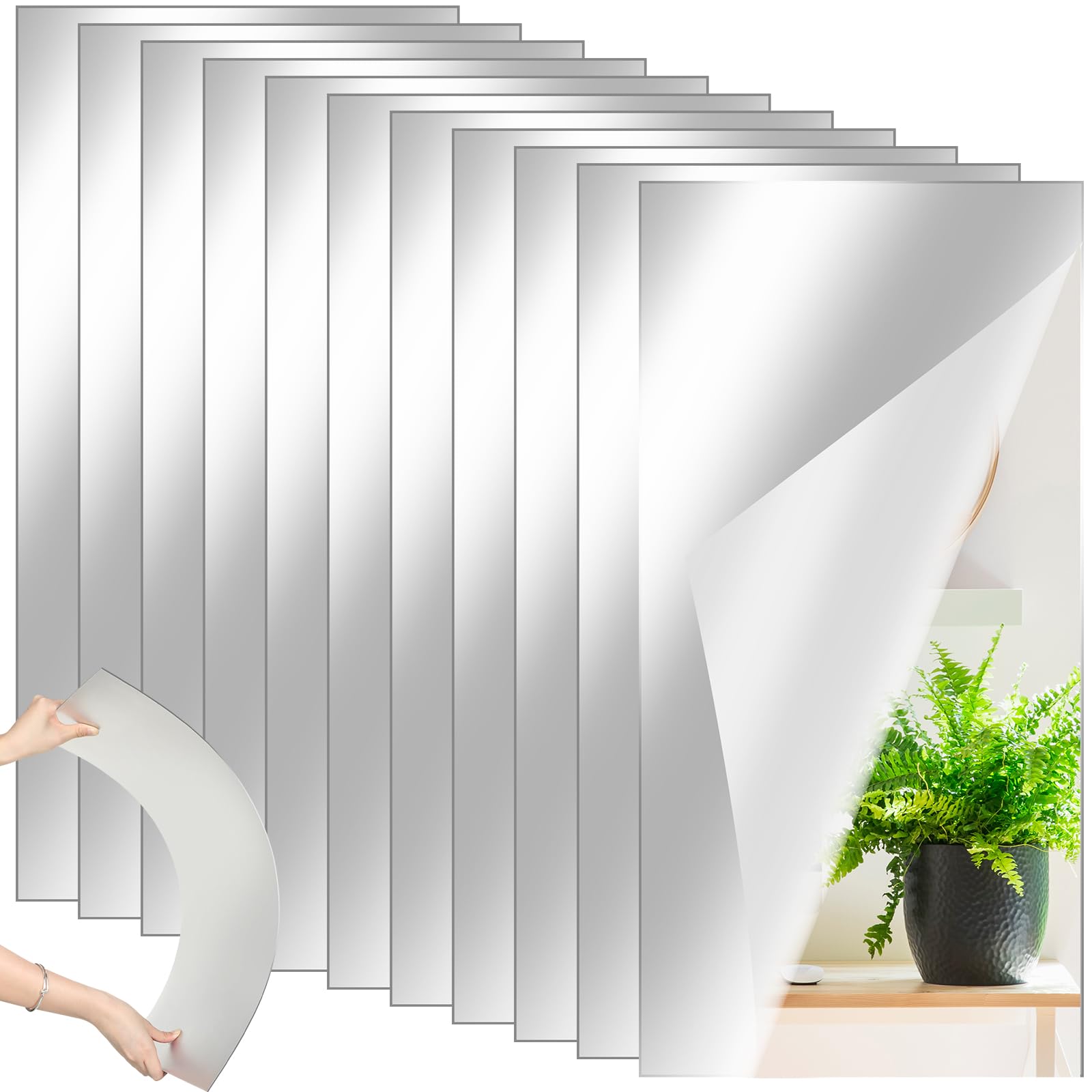 Queekay 10 Pcs Home Gym Mirrors 12 x 24 Acrylic Wall Mirror Tiles 2mm Thick Self Adhesive Mirror Sheets Frameless Wall Mounted M