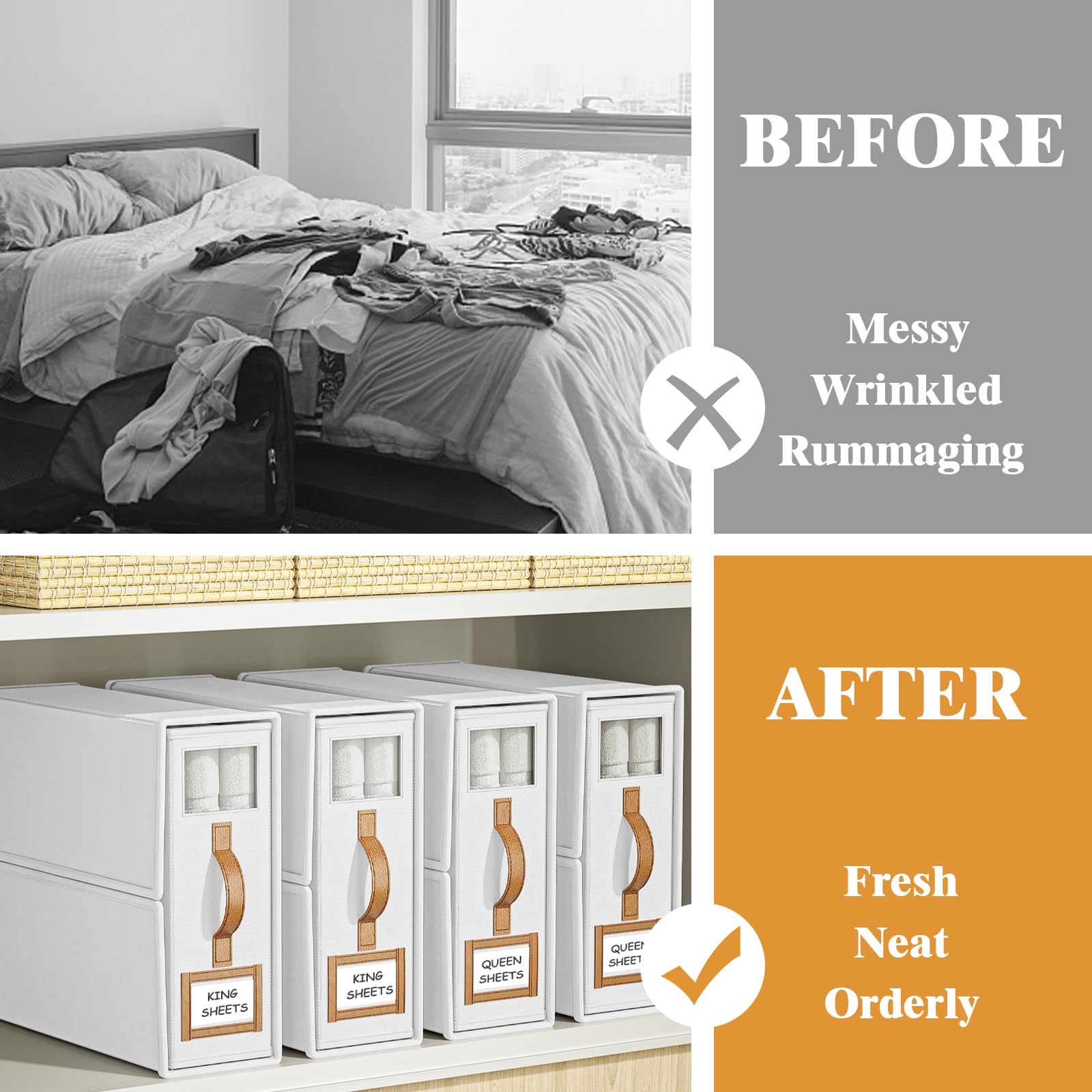 BigPonPon 3-Pack Foldable Bed Sheets Set Organizers and Storage(King & Queen Size),Linen Fabric Closet Organizers with Leather H