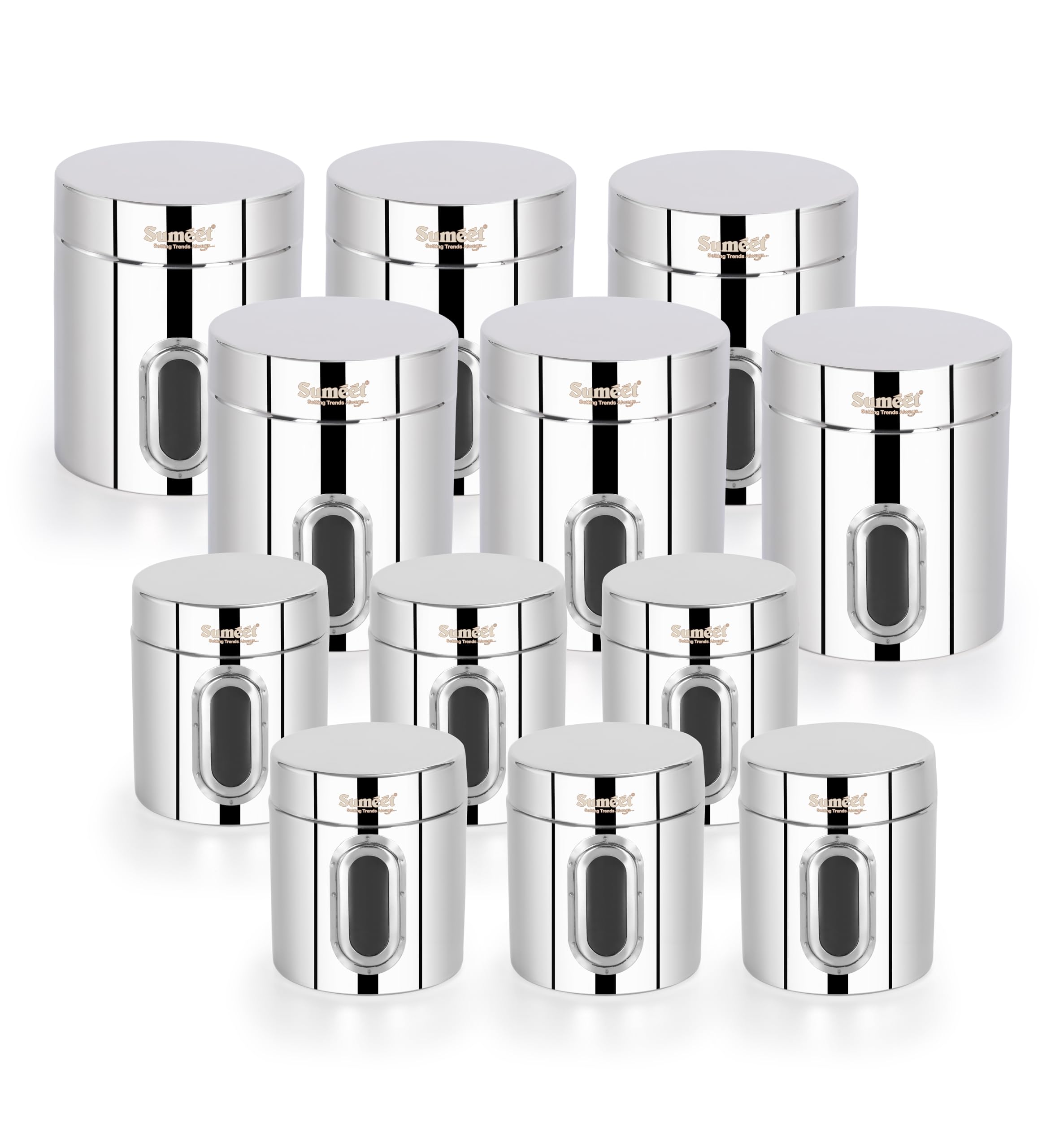 Sumeet Stainless Steel Small Containers Jars Dabba for Kitchen Storage with See Through Window - set of 12Pcs  310ml +700ml capacity 7.3cm & 9.5cm Dia  Silver