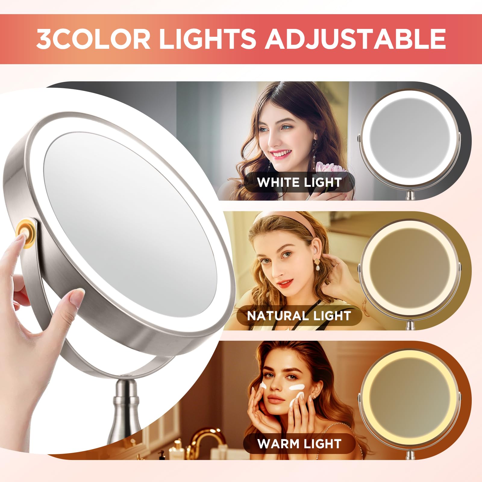 Lights Makeup Mirror, 1X/15X Nickel Magnifying Mirror With 3 Colors, 360Rotation Touch Screen & Rechargeable Double Sided, Brigh