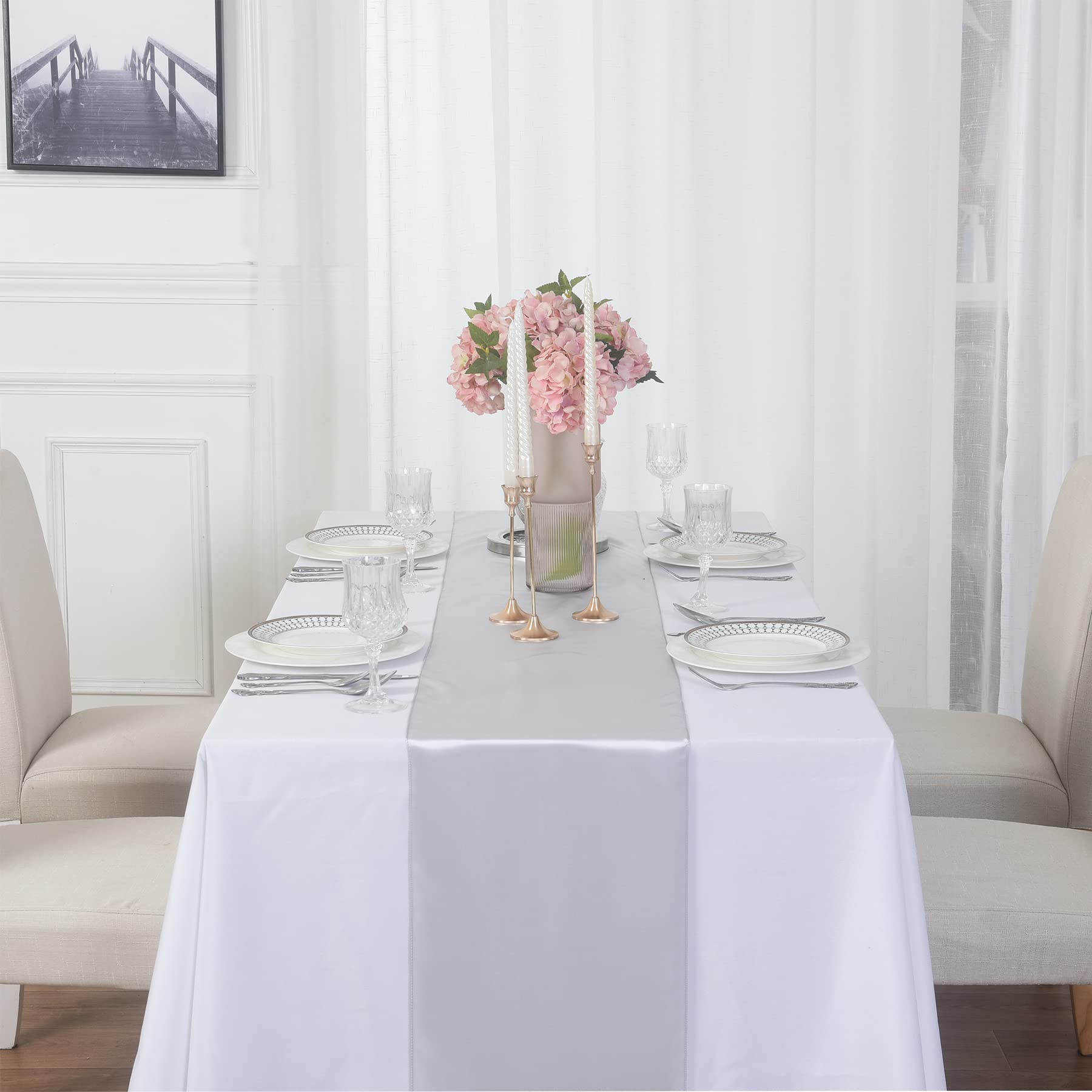 12 Pack Satin Table Runner, 12  108 Inch For Party Wedding, Birthday, Banquets,Graduation Engagements, Christmas, Decoration(Sil