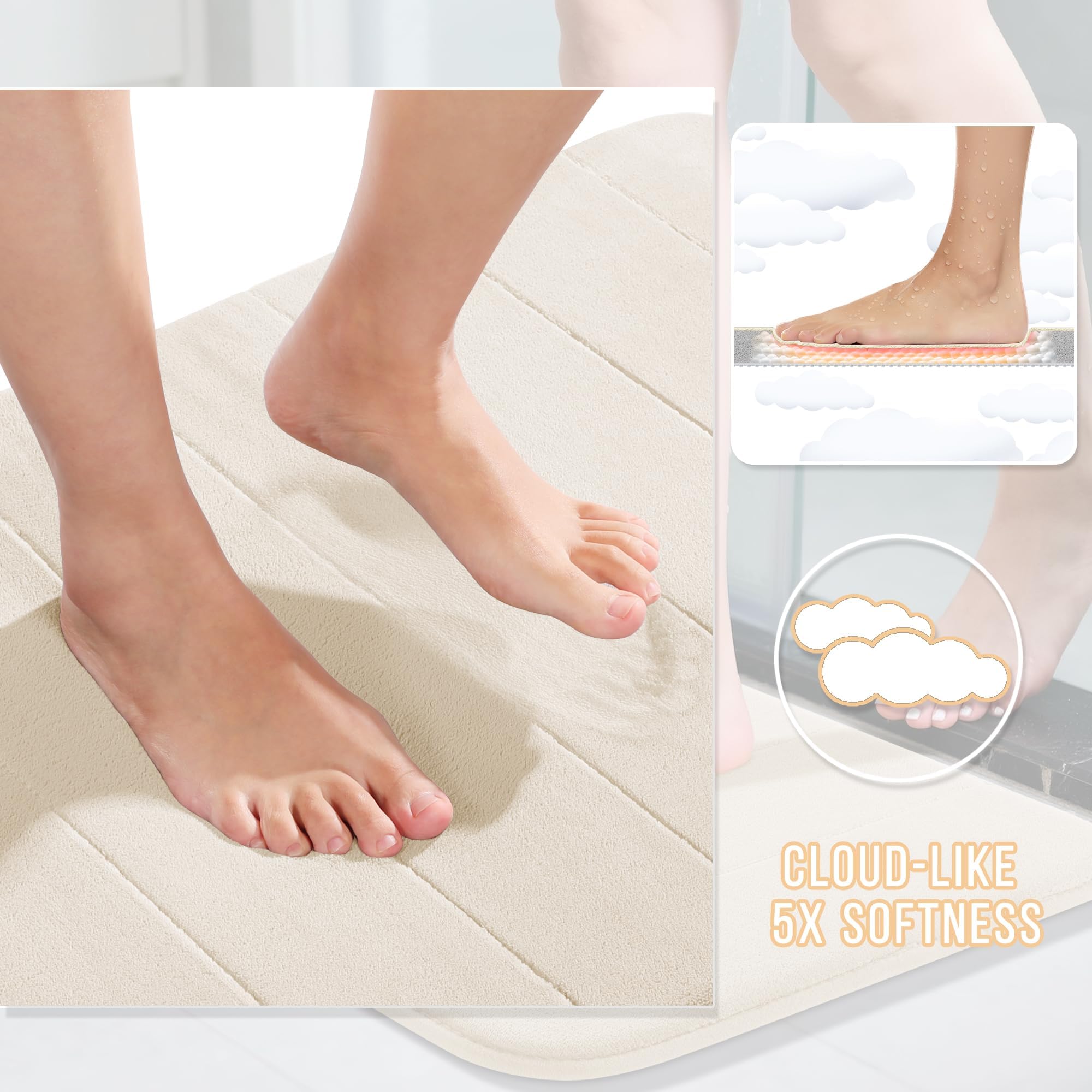 Yimobra 3 Pieces Memory Foam Bath Mat Sets  44.1x24 + 17x24 and U-Shaped for Bathroom Rugs  Toilet Mats  Non-Slip  Soft Comfortable  Water Absorption  Machine Washable  Cream White