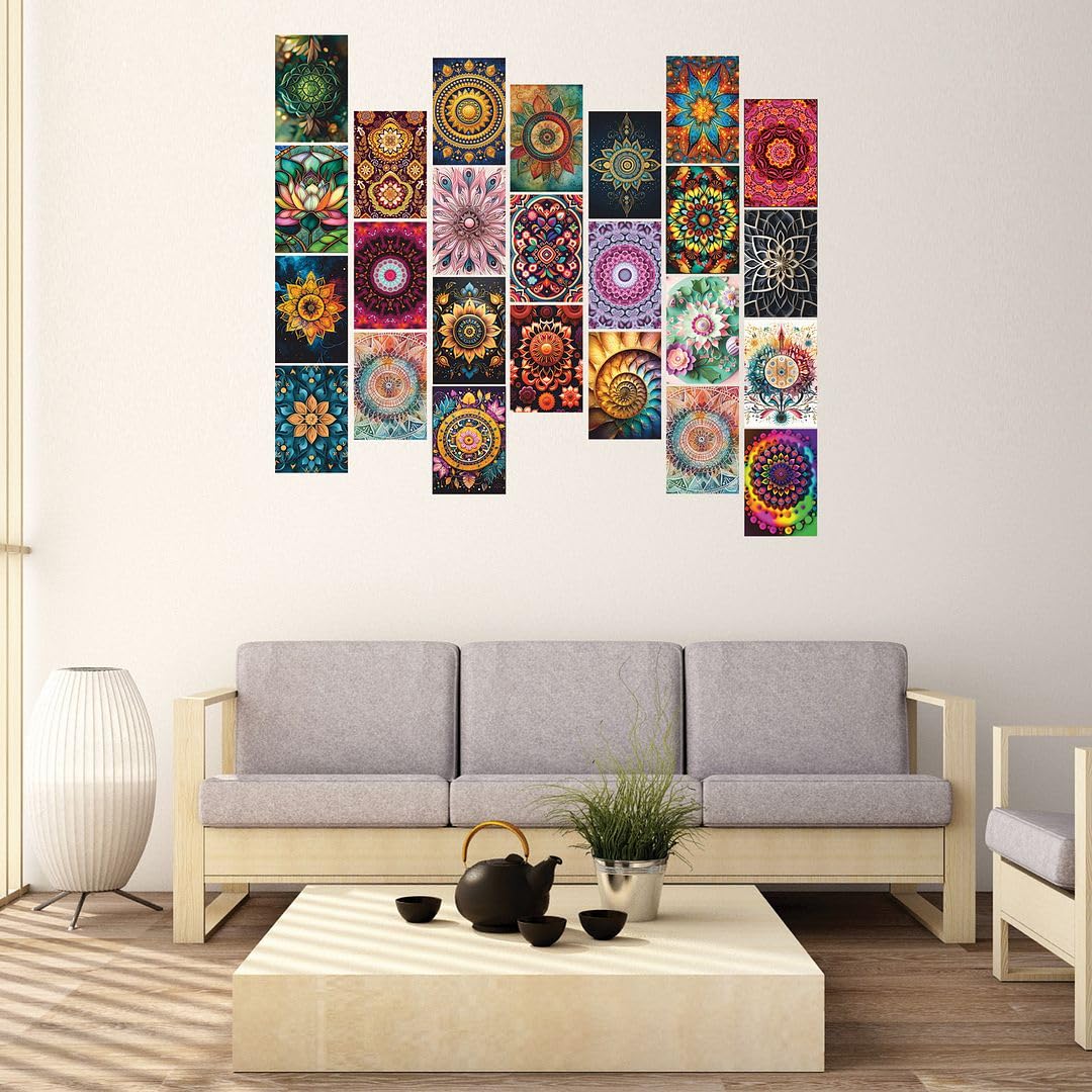 Cvanu 25Pcs Beautiful Mandala Aesthetic Pattern Printed Collage Kit Posters With Glue Dot Tape For Wall Decoration (6Inchx4Inch)