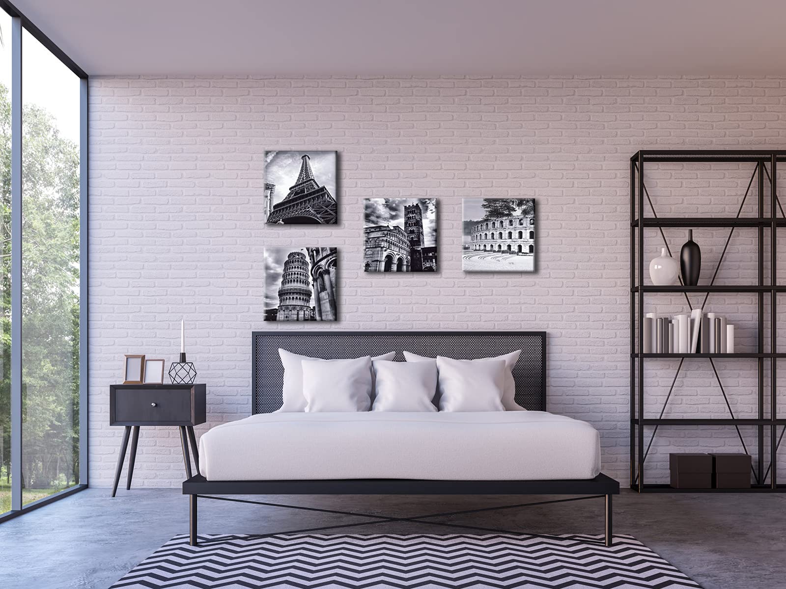 Wieco Art Architectures Modern 4 Panels Giclee Canvas Prints Europe Buildings Black And White Landscape Pictures Paintings On Ca