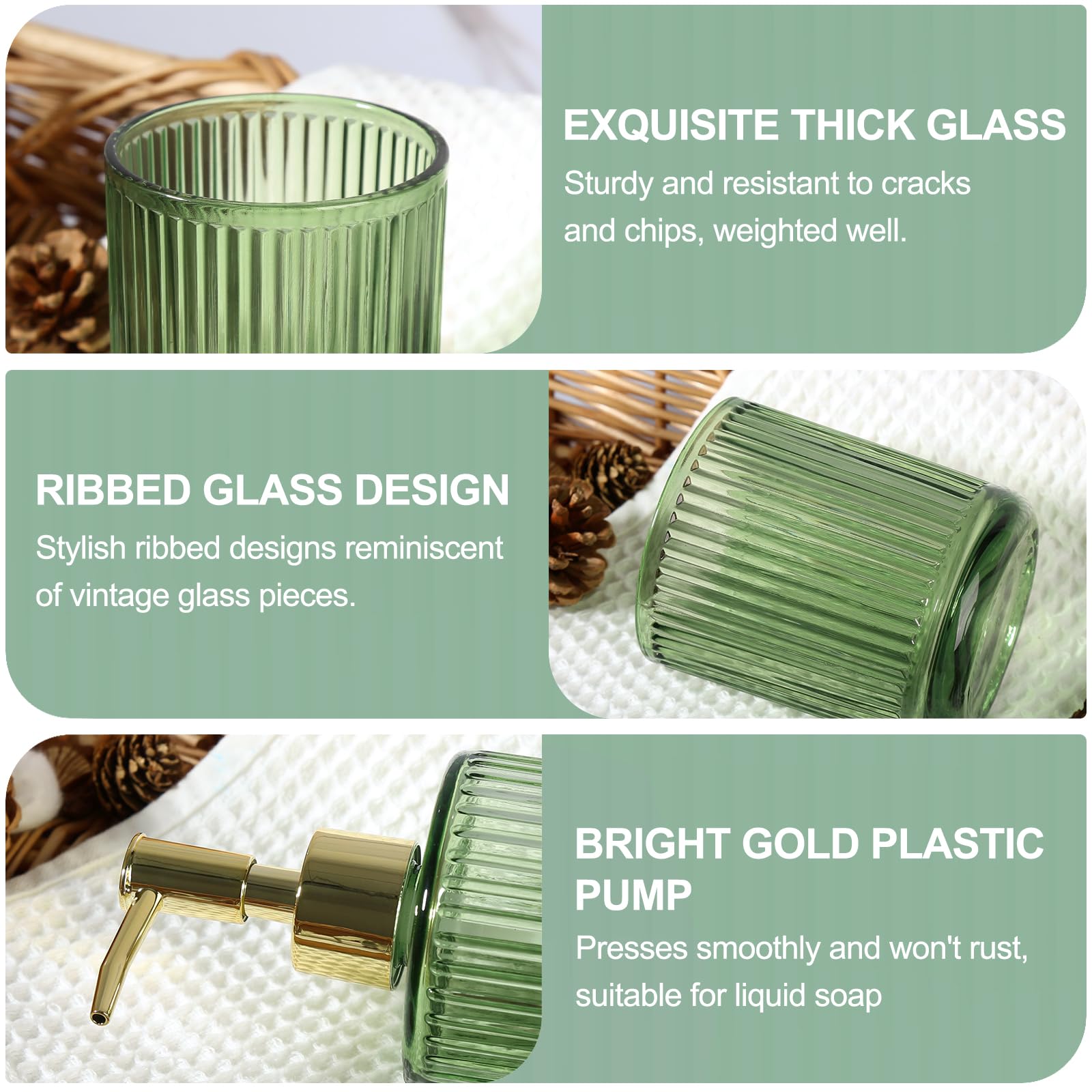 Green Glass Bathroom Accessories 4 Pcs, Green Bathroom Set, Green Soap Dispenser And Toothbrush Holder Set, Qtip Holder Set, Vin