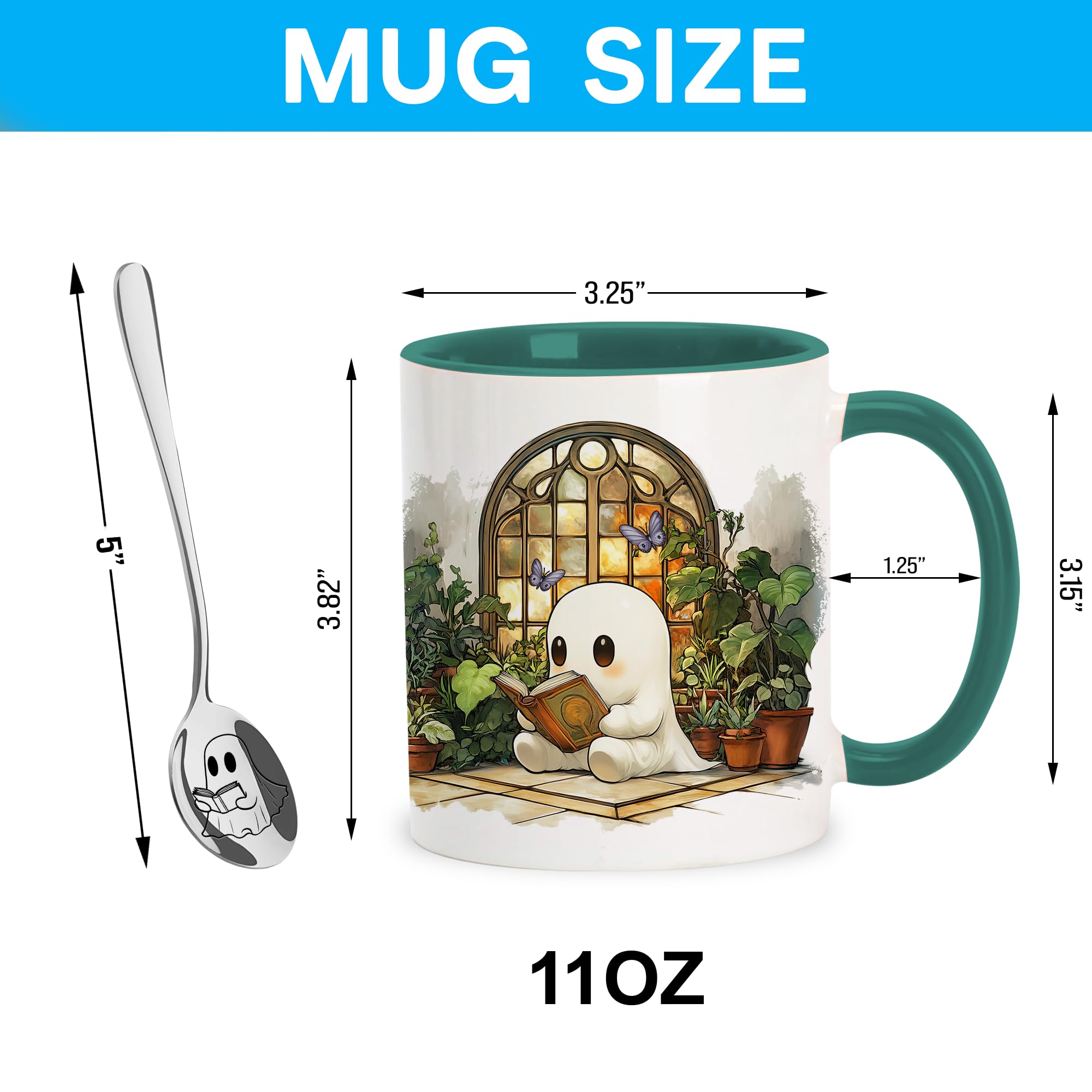 Hyturtle Cute Ghost Reading Coffee Mug with Spoon Gifts For Book Lovers, Plant Lovers On Birthday Christmas, Reading Cup Gifts F