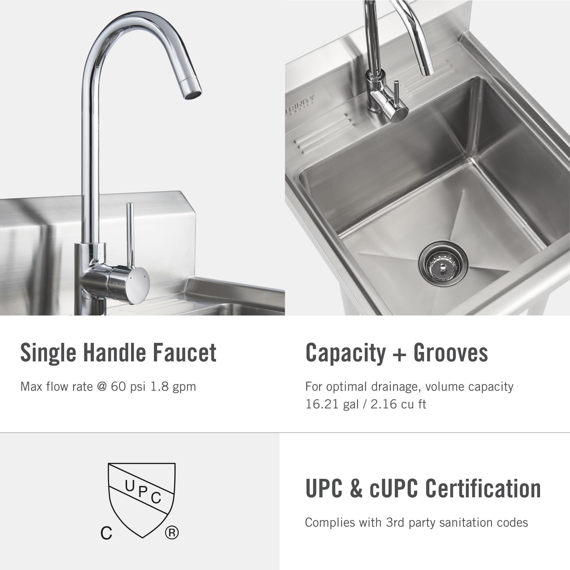 TRINITY THA-0307 Basics Stainless Steel Freestanding Single Bowl Utility Sink for Garage  Laundry Room  and Restaurants  Includes Faucet  NSF Certified  49.2 21.5 24-Inch  Chrome
