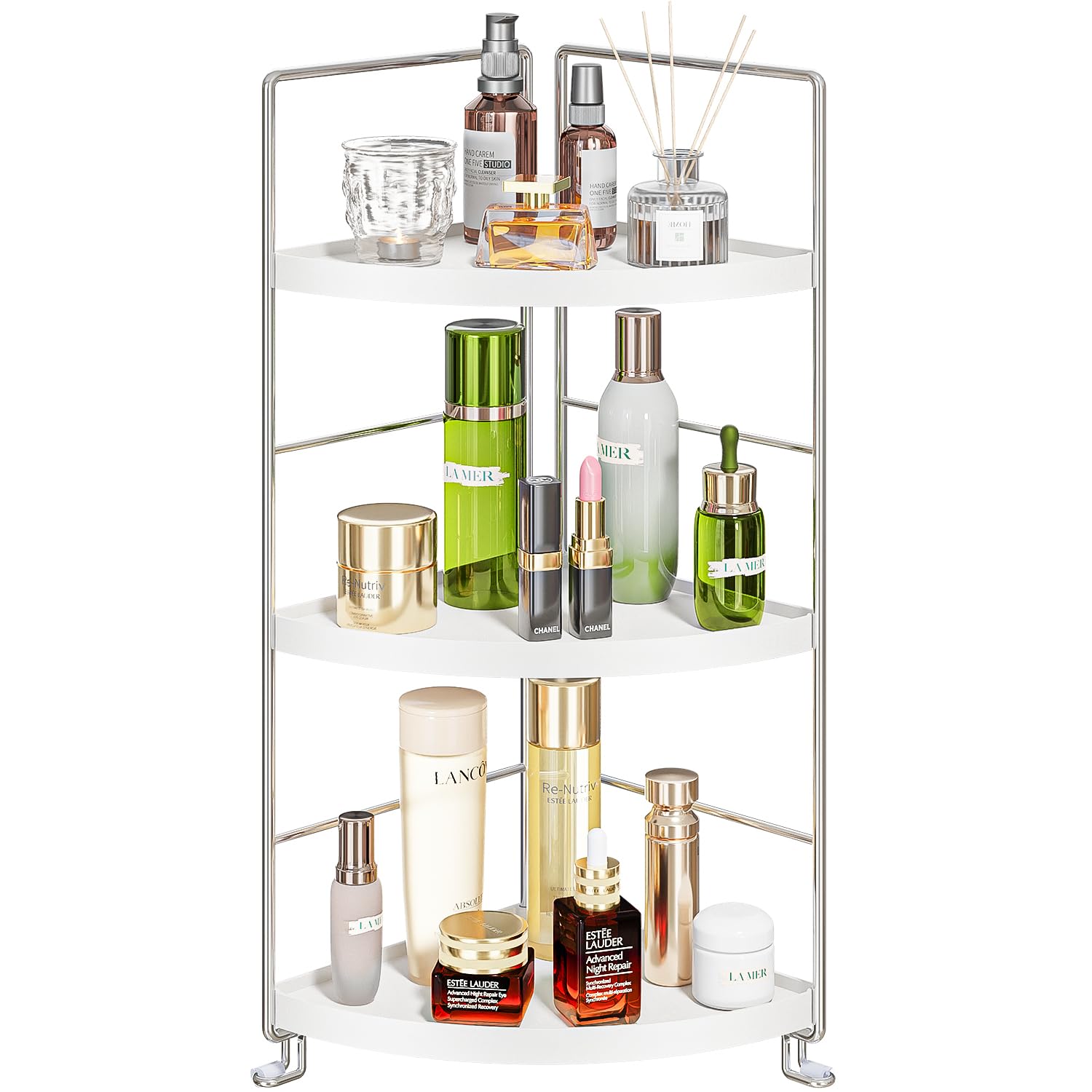 Kingberwi 3-Tier Corner Spice Rack Kitchen Bathroom Countertop Organizer Vanity Tray Cosmetic Makeup Storage Standing Shelf, Whi