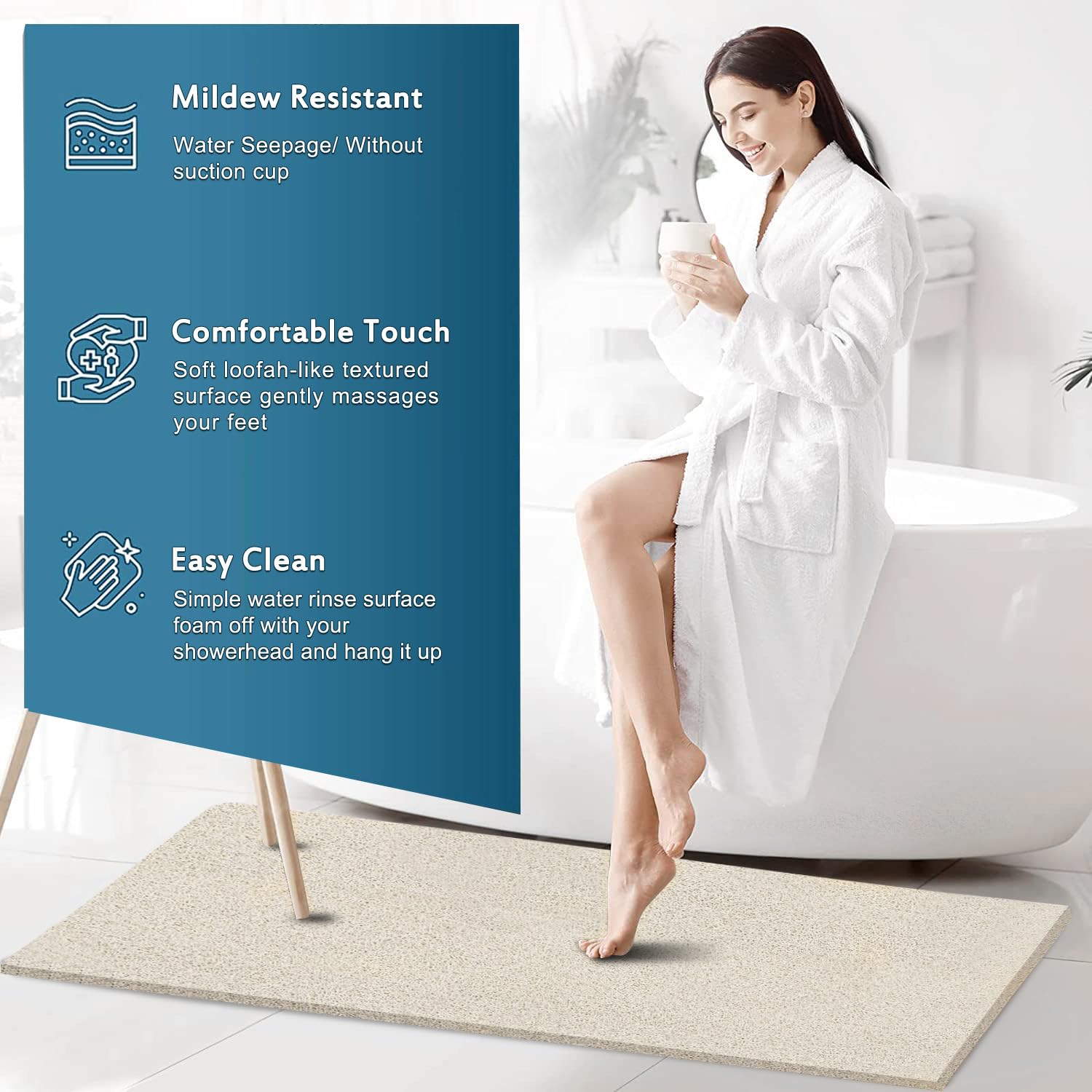 Extra Large Shower Mats Non Slip, 17.1  59 Inch, Pvc Loofah Bathroom Mats, Loofah Mats For Shower And Bathroom, Quick Drying, Be