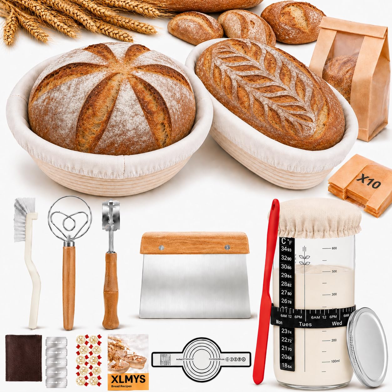 Sourdough Starter Kit  Banneton Proofing Basket 9 Inch Round & 10 Oval, Complete Sourdough Bread Baking Supplies with Starter J