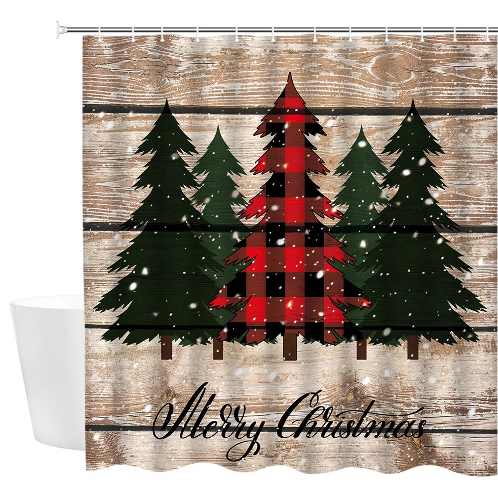 Dmtty Merry Christmas Shower Curtain Farmhouse Decor Red Green Buffalo Check Plaid Christmas Tree Bathroom Curtain Fabric Bathro