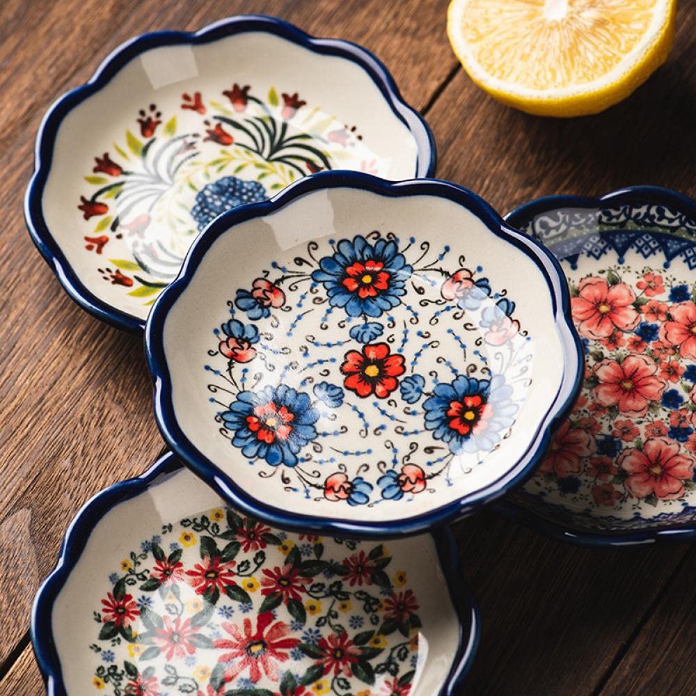 Sizikato 4Pcs Porcelain Appetizer Plate, 4-Inch Snack Plate Sauce Dipping Saucer, Exotic Flower Pattern
