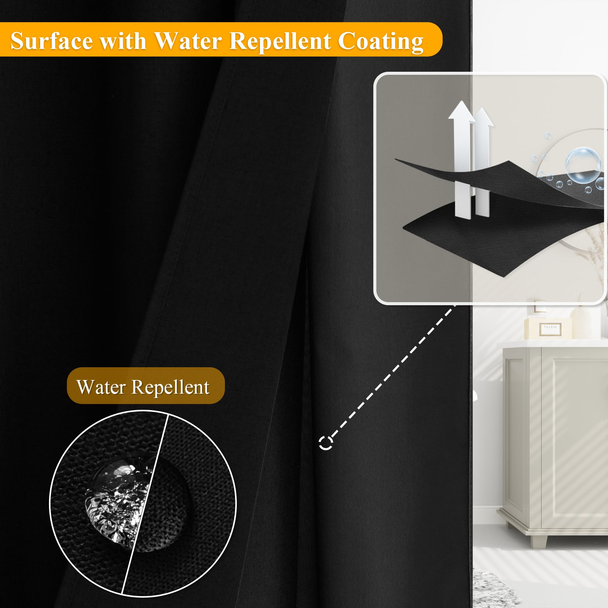 Jowels Black Shower Curtain - No Hooks Needed, Extra Long 87 Inch Linen Snap In Shower Curtains, Split Design Shower Curtain For